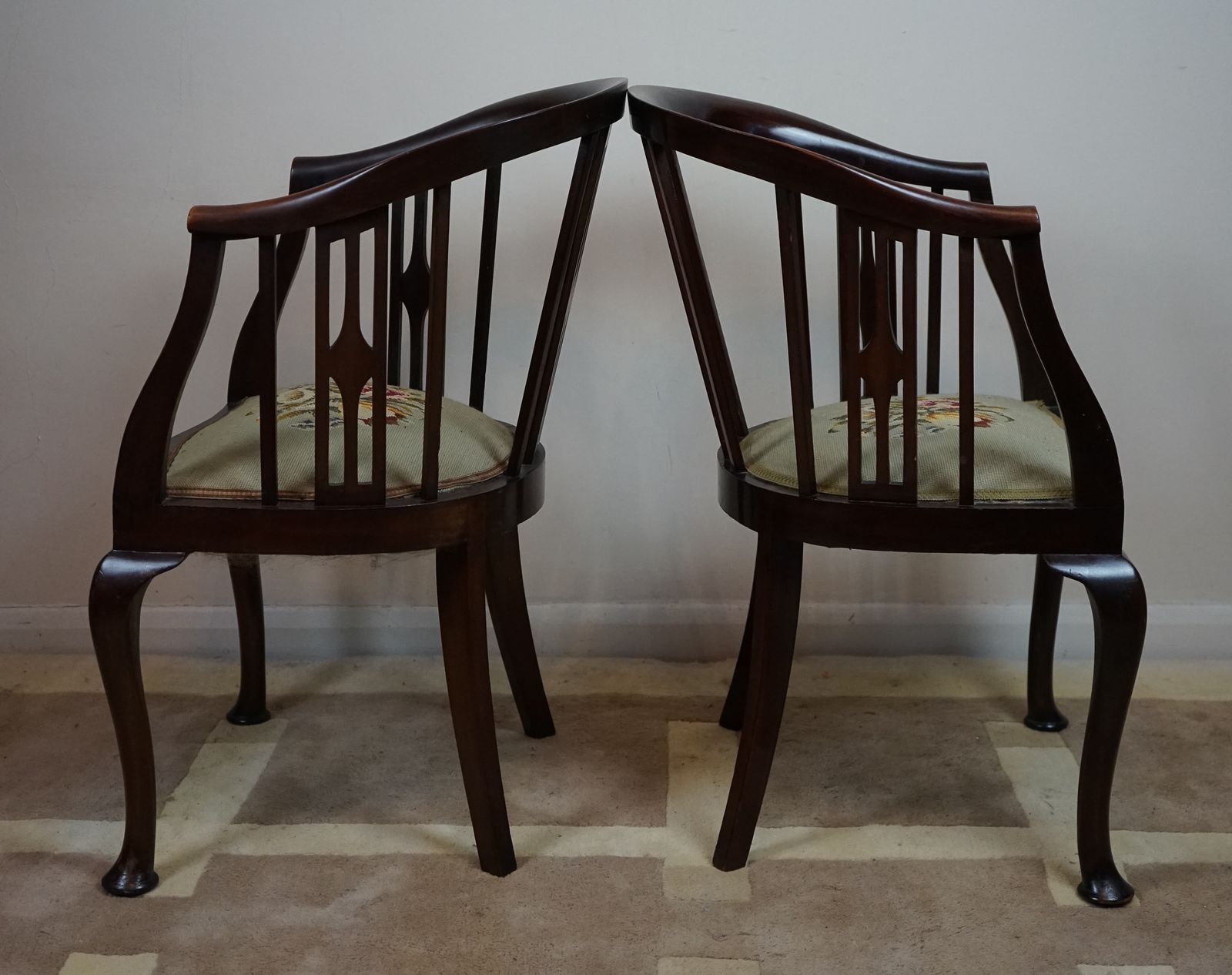 Beautiful Pair Of Edwardian Stick And Tub  Back Armchairs With Berlin Wool Work Seats photo Furniture