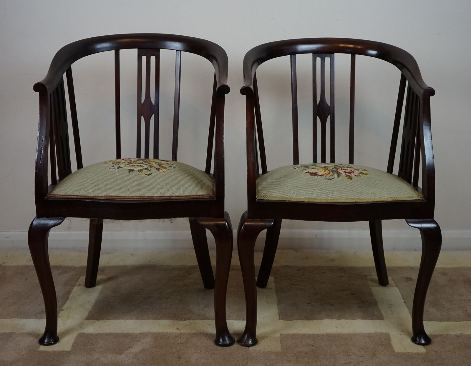 Beautiful Pair Of Edwardian Stick And Tub  Back Armchairs With Berlin Wool Work Seats photo 795.0