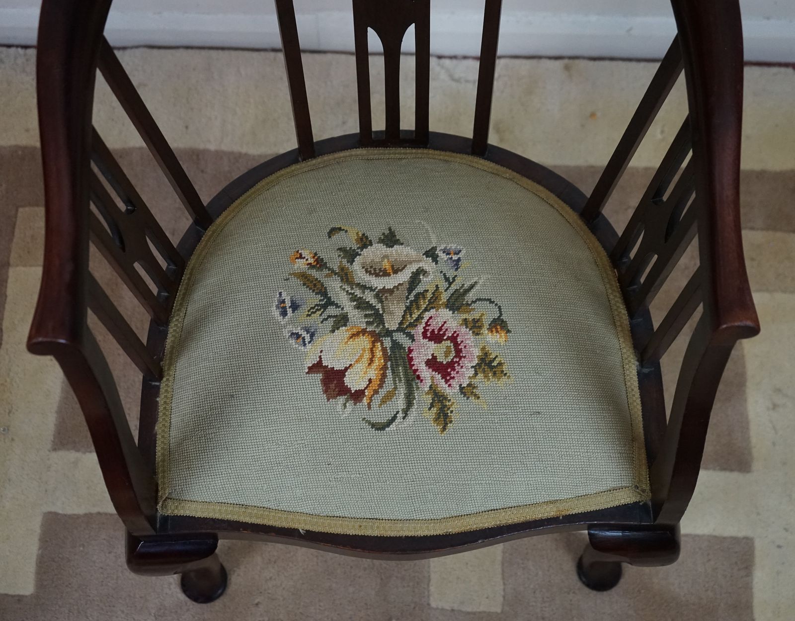 Beautiful Pair Of Edwardian Stick And Tub  Back Armchairs With Berlin Wool Work Seats photo vinterior