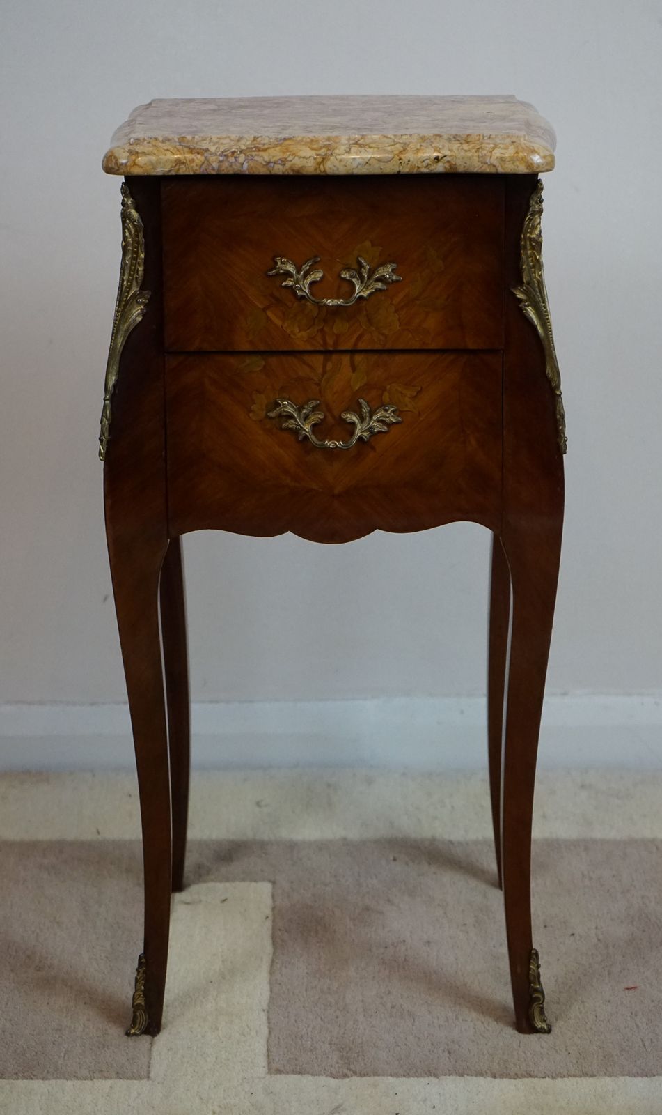 French Kingwood And Floral Marquetry Inlaid Bedside Chest With Marble Top