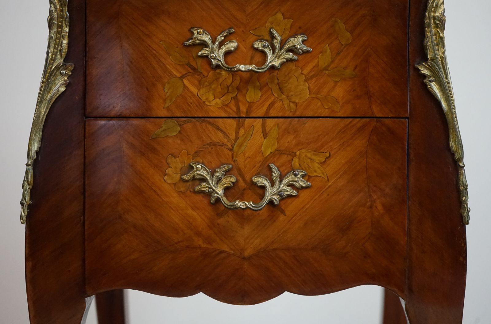 French Kingwood And Floral Marquetry Inlaid Bedside Chest With Marble Top photo buy