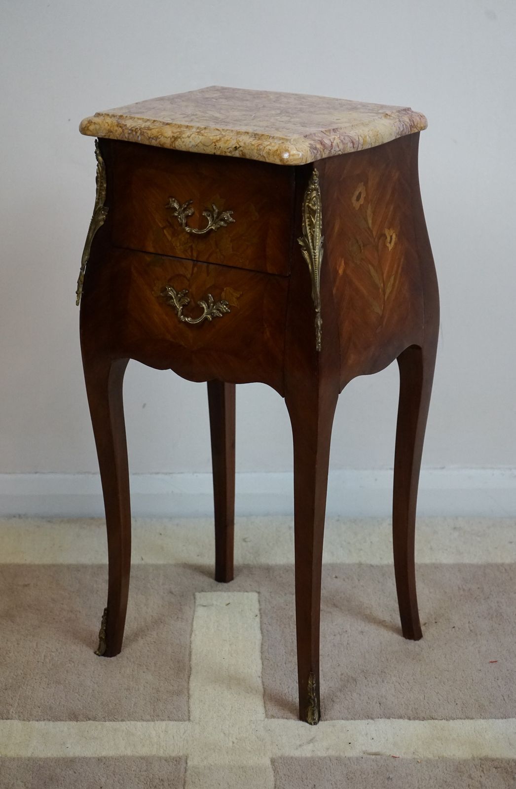 photo for sale French Kingwood And Floral Marquetry Inlaid Bedside Chest With Marble Top