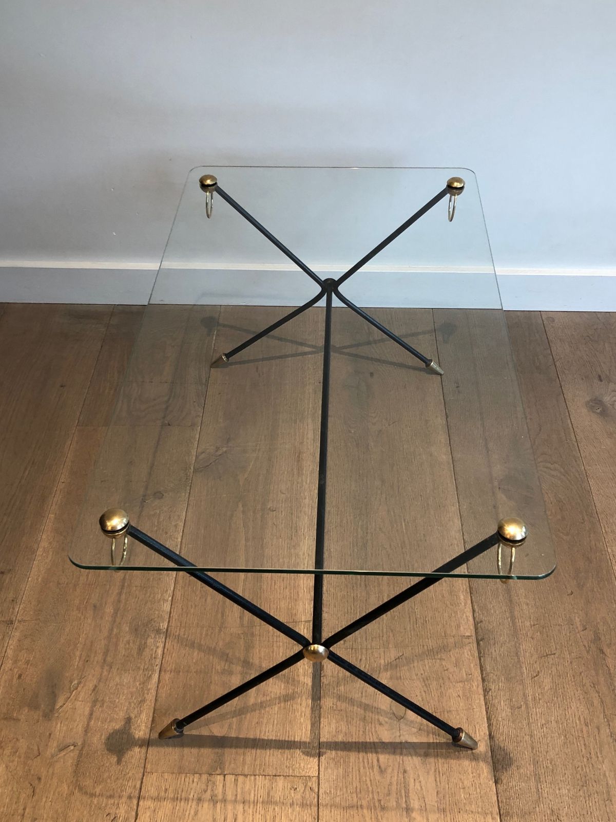 Coffee Table In Brass Lacquered Metal And Glass Slab From Jacques Adnet photo for sale