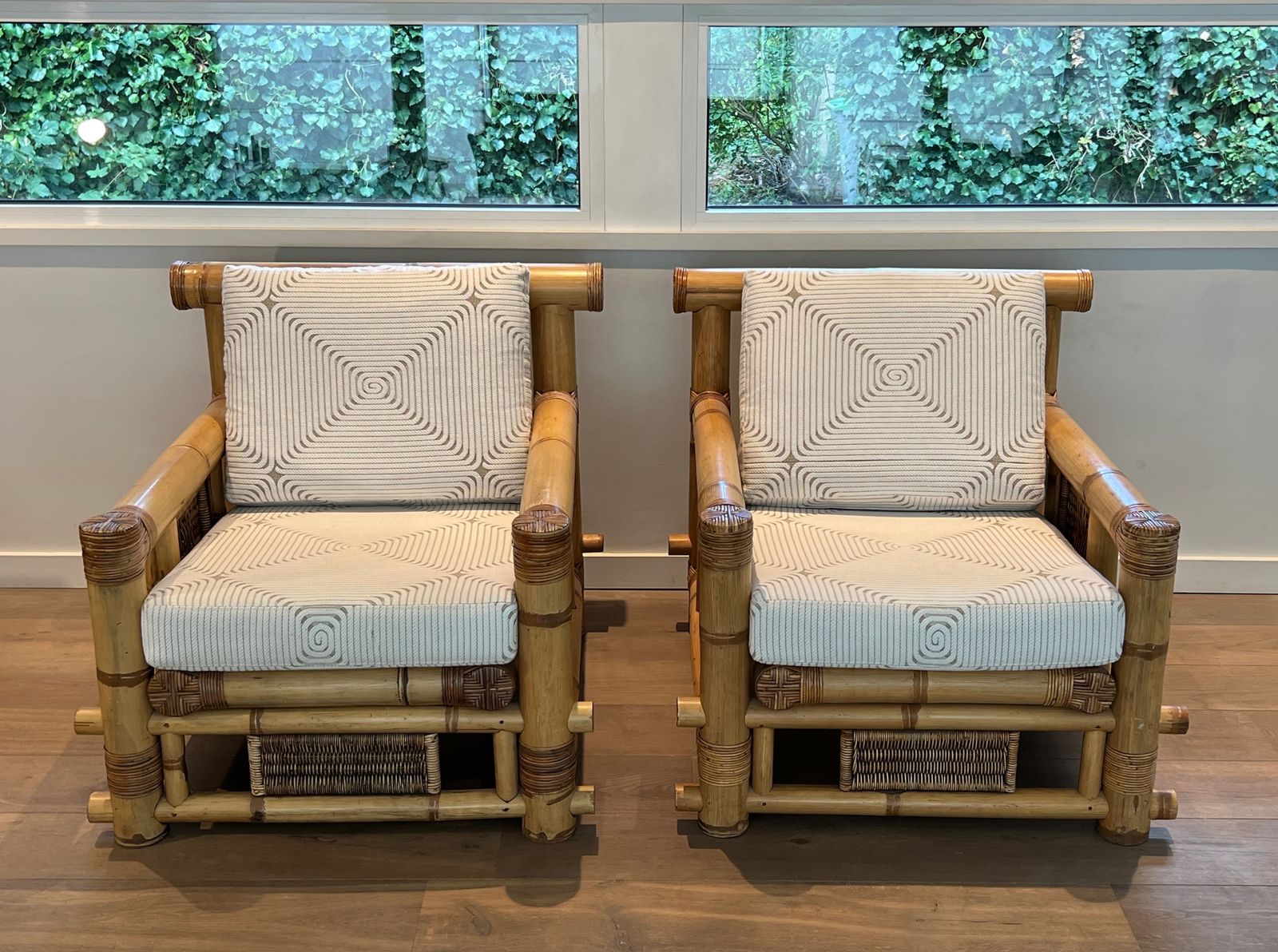 Pair Of Large Bamboo Armchairs And Pierre Frey Cushions photo for sale