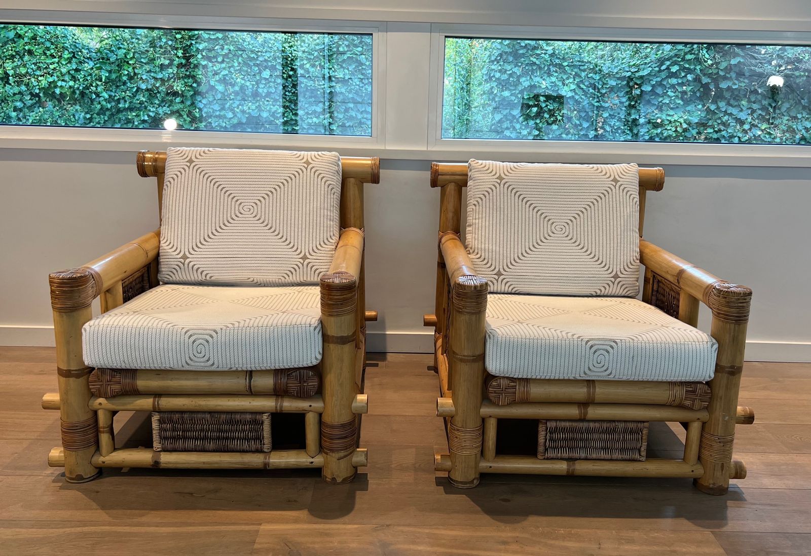 2950.0 Pair Of Large Bamboo Armchairs And Pierre Frey Cushions photo