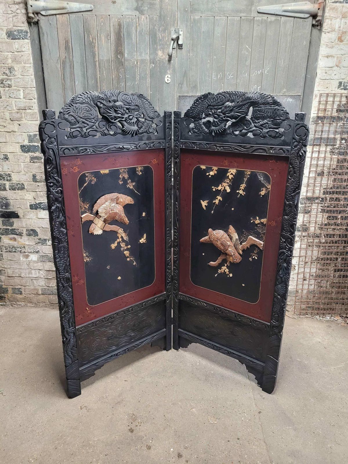 Antique 19th Century Japanese Oriental Carved Lacquered Folding Screen photo furniture