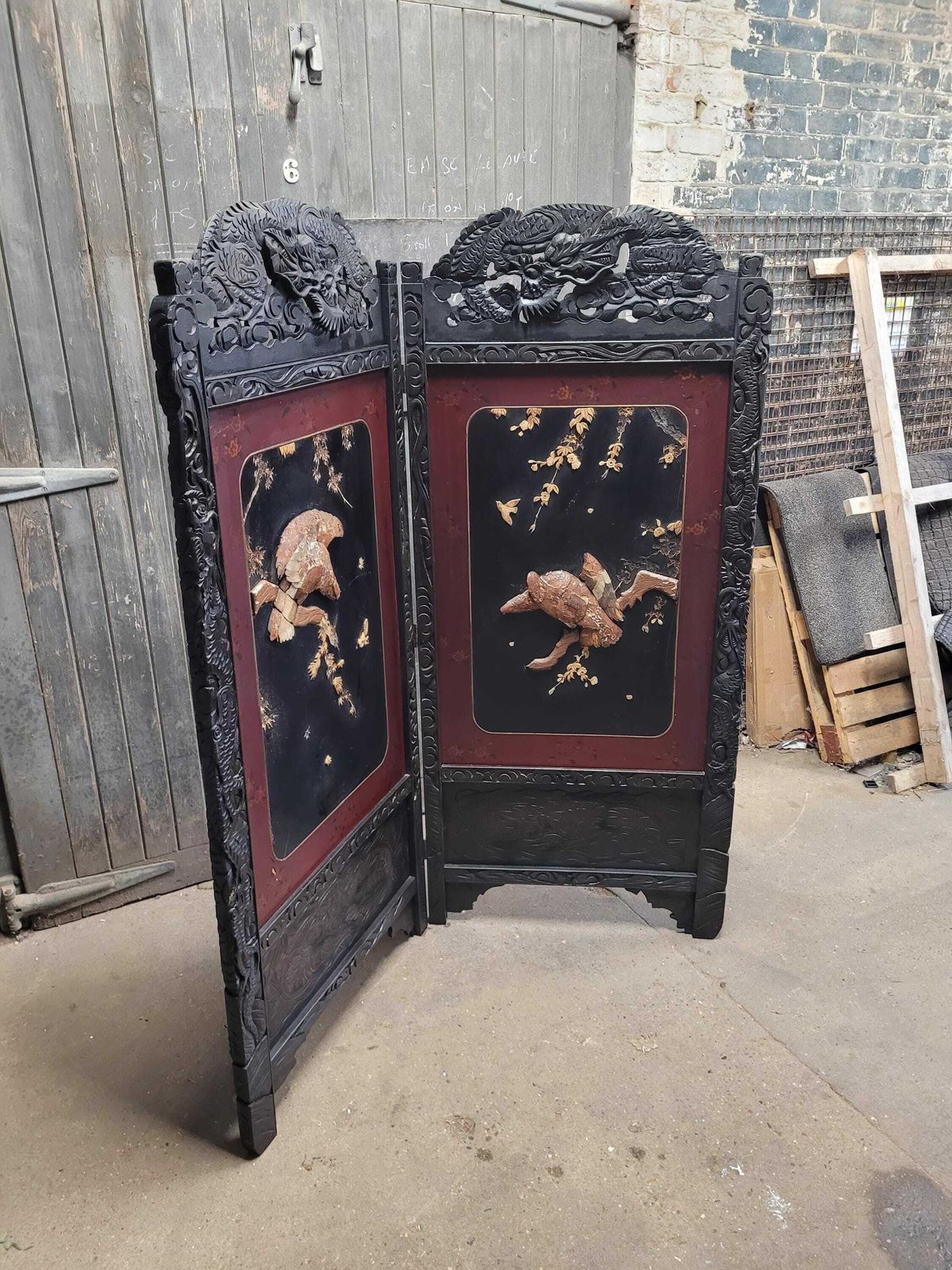 Antique 19th Century Japanese Oriental Carved Lacquered Folding Screen photo for sale