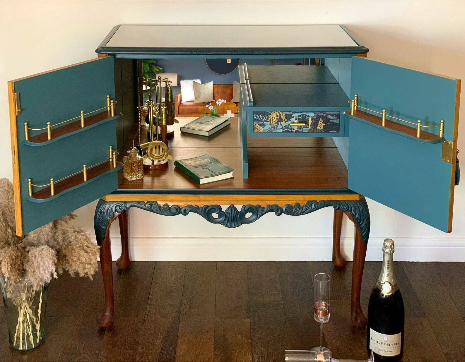 Oriental Queen Anne Cocktail Cabinet, Blue  Drinks Bar, Living Room Drinks Unit With Carved Details, Statement Furniture, Made To Order. photo furniture