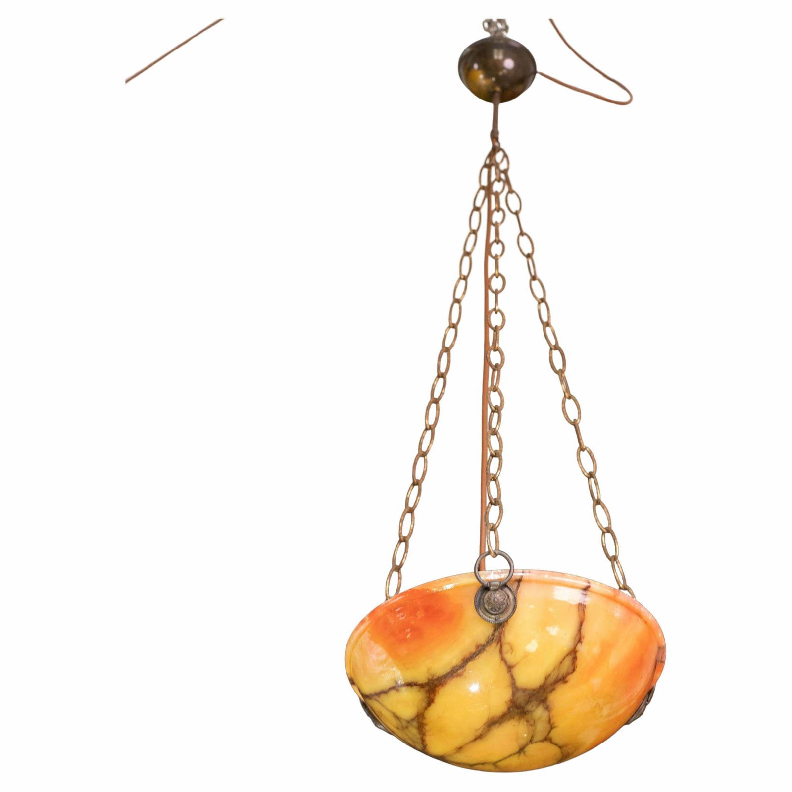 Great Design Red And Orange Art Deco White Alabaster Chandelier, 1940s