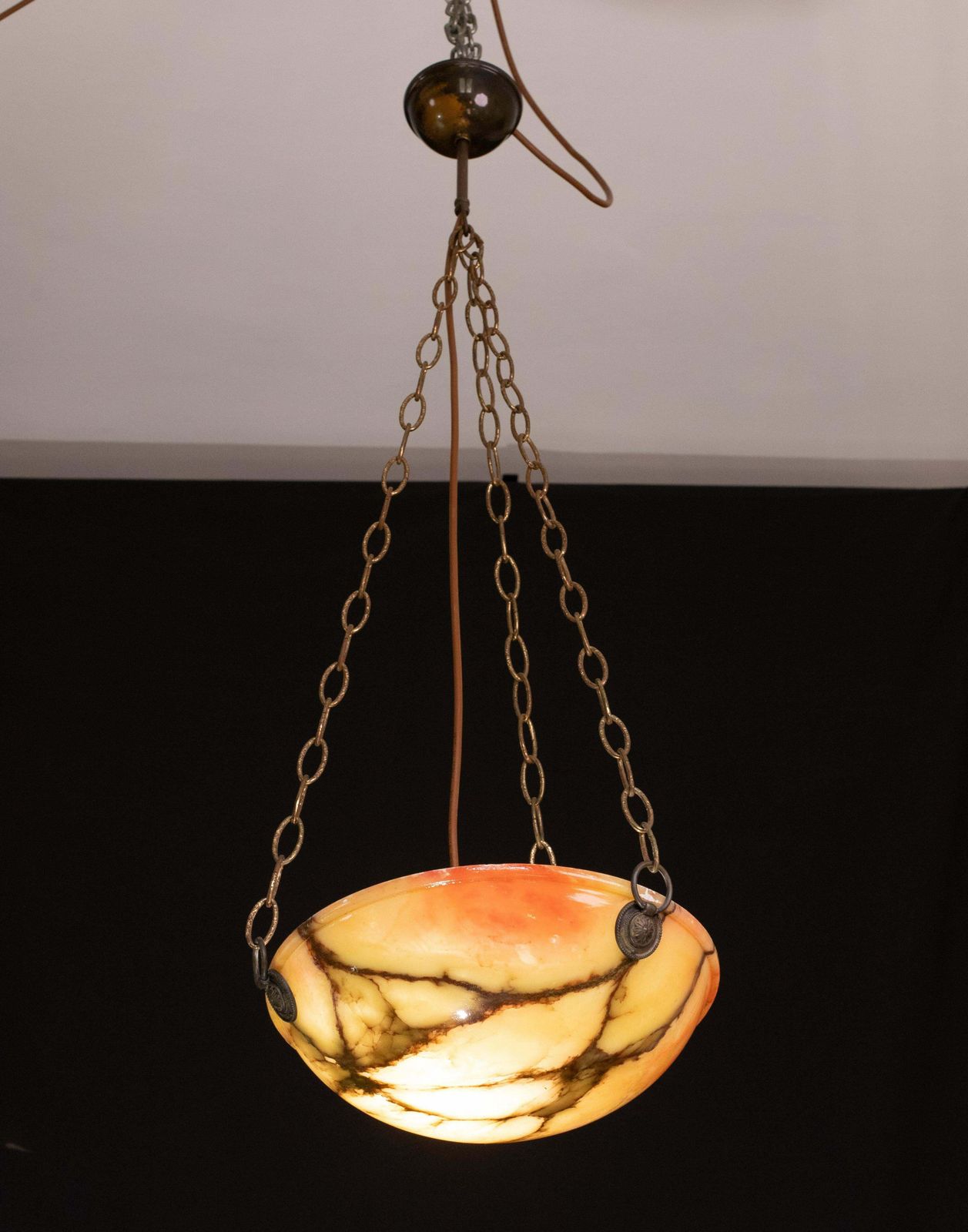 Great Design Red And Orange Art Deco White Alabaster Chandelier, 1940s photo Lighting