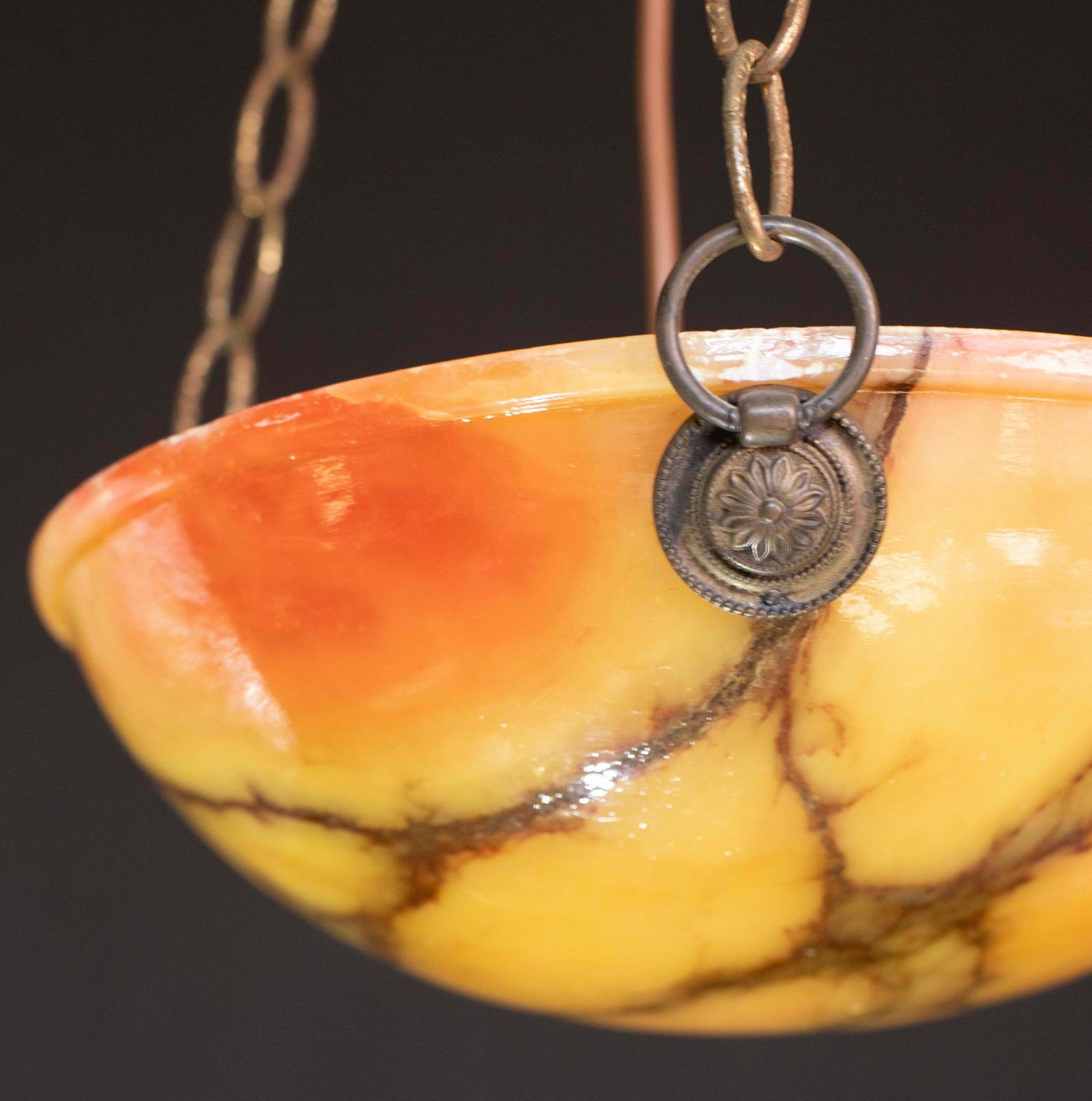 Lighting Great Design Red And Orange Art Deco White Alabaster Chandelier, 1940s photo