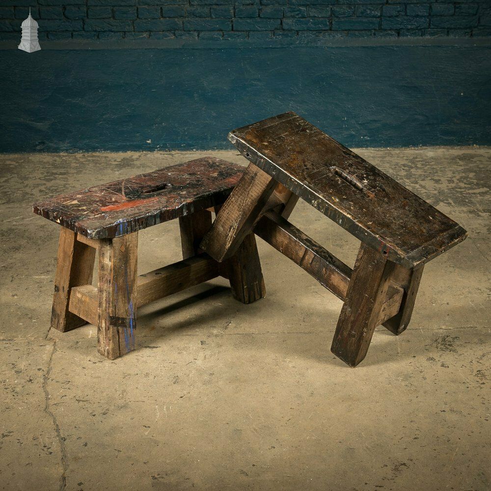 Trestle Step Stools, Pair Of Rustic Pine Industrial Workshop Stools photo for sale