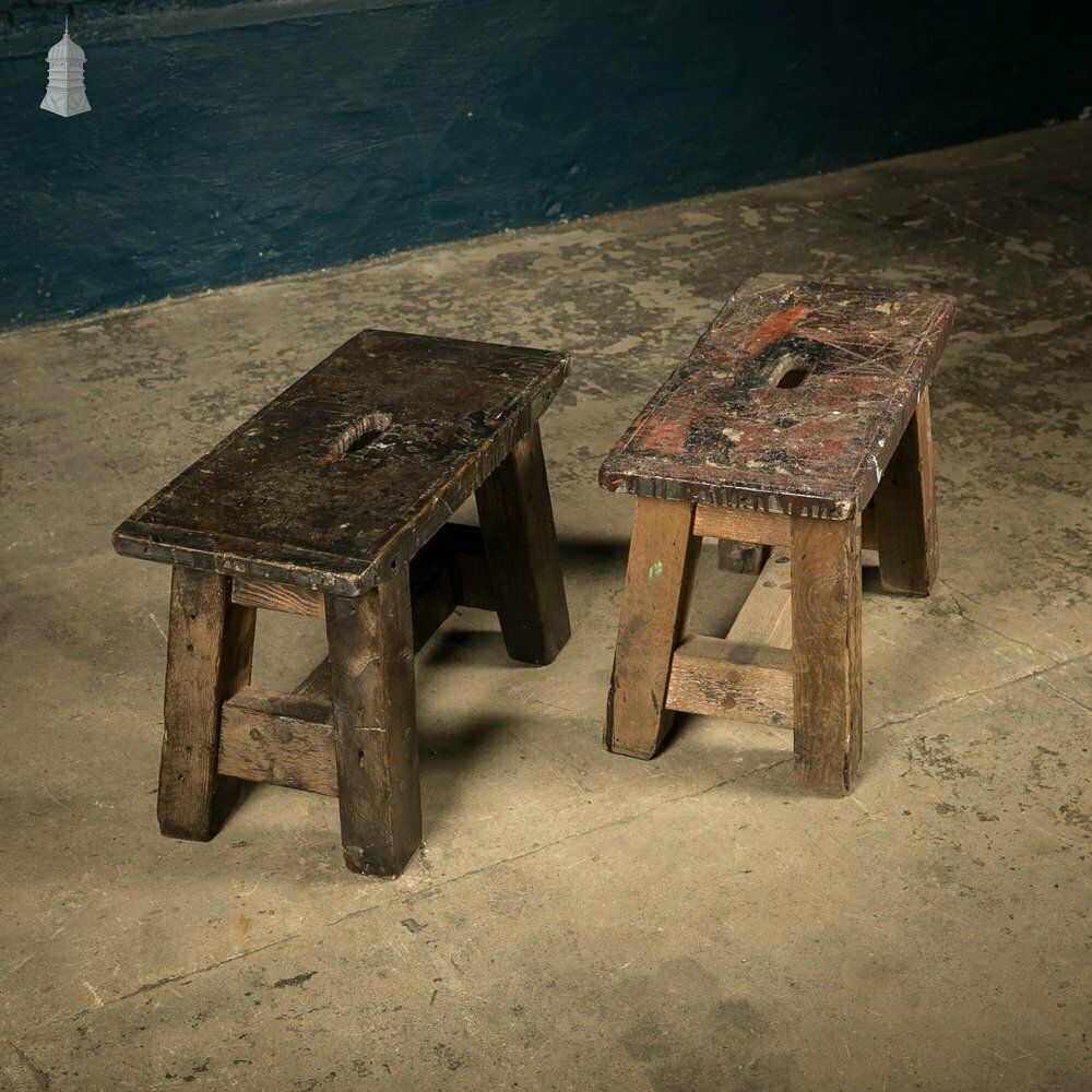Trestle Step Stools, Pair Of Rustic Pine Industrial Workshop Stools photo 432.0