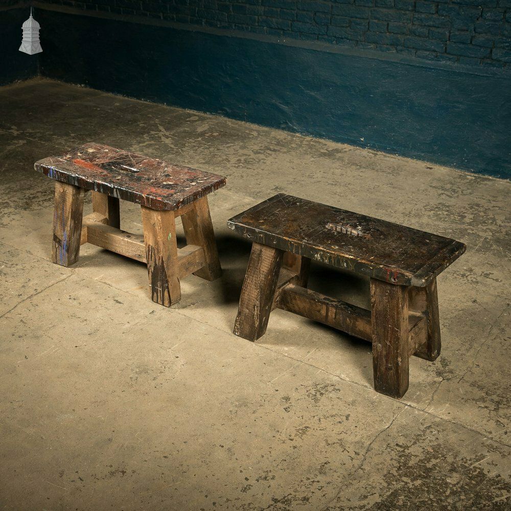 Trestle Step Stools, Pair Of Rustic Pine Industrial Workshop Stools photo vintage