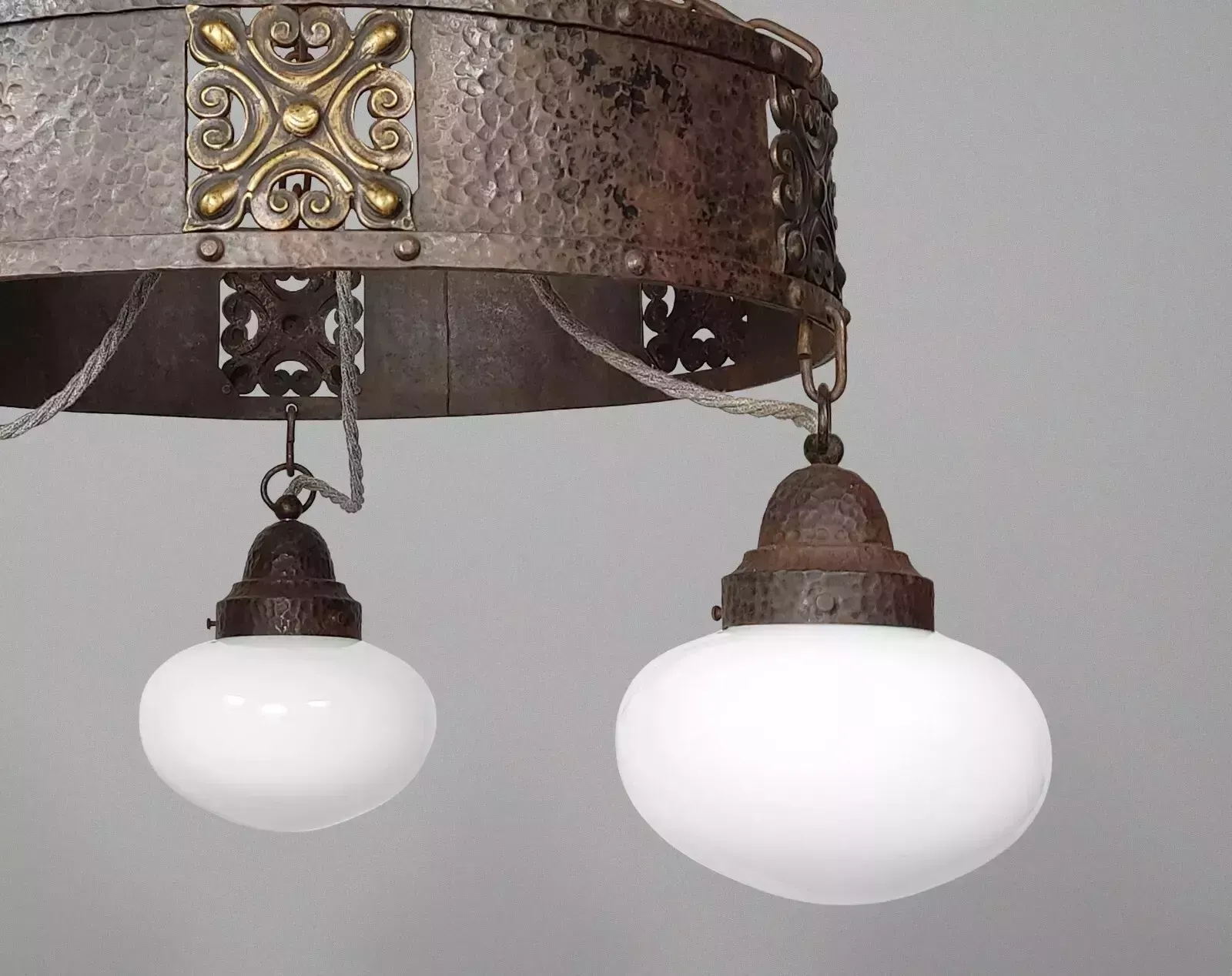 Xl Antique Arts & Crafts Iron & Bronze Chandelier With Opaline Glass Shades photo Lighting