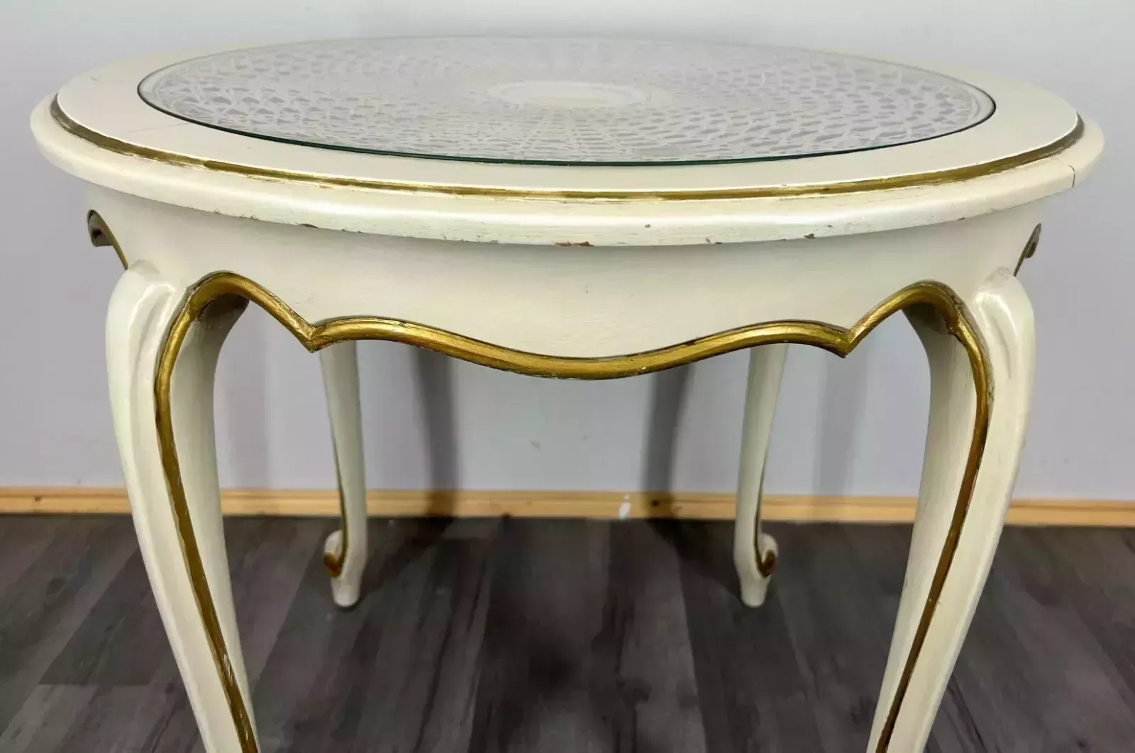 Shabby Chic Coffee Table Round With Glass Top French Louis XIV Lot 3282 photo furniture