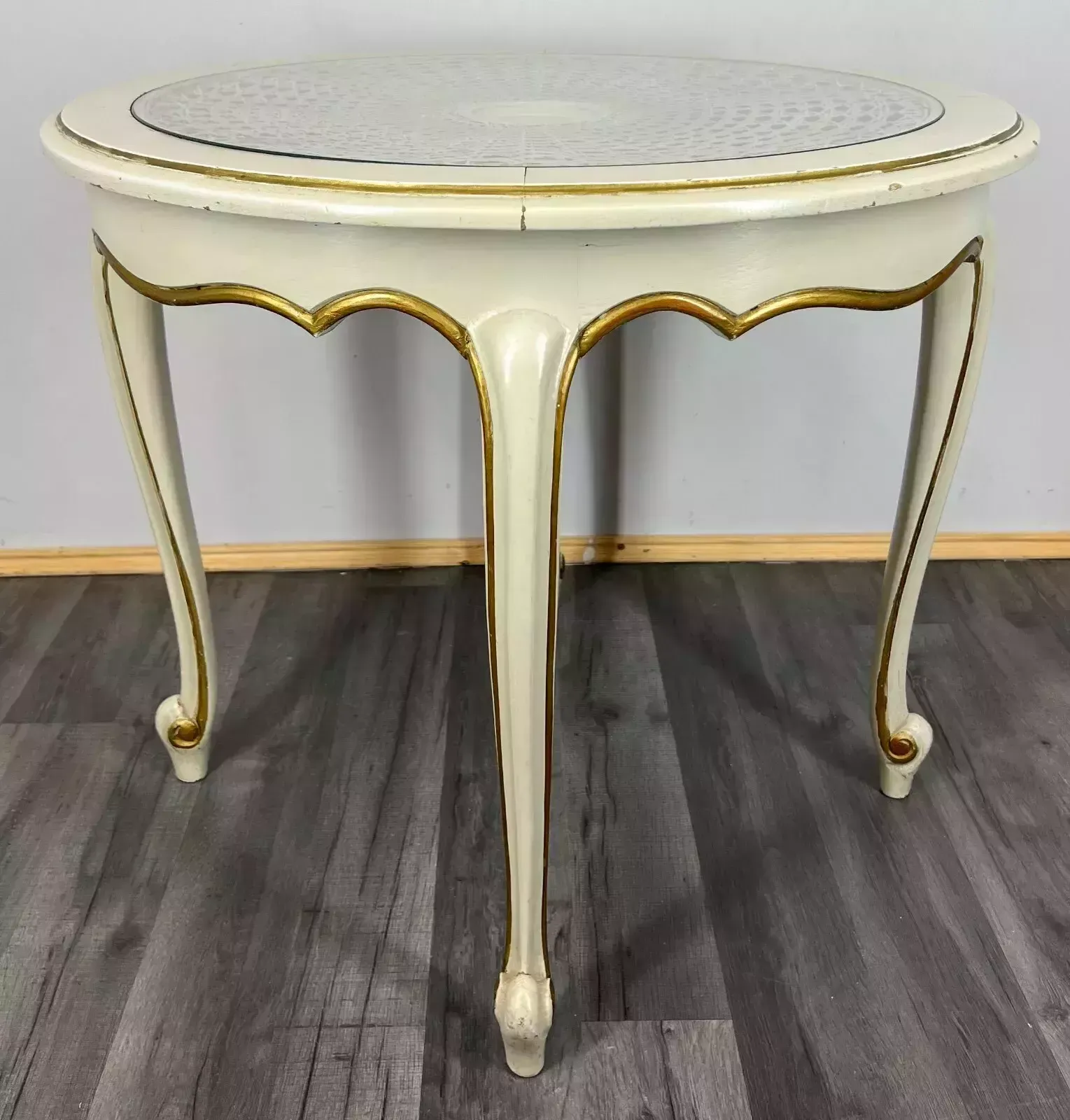 Shabby Chic Coffee Table Round With Glass Top French Louis XIV Lot 3282 photo vinterior