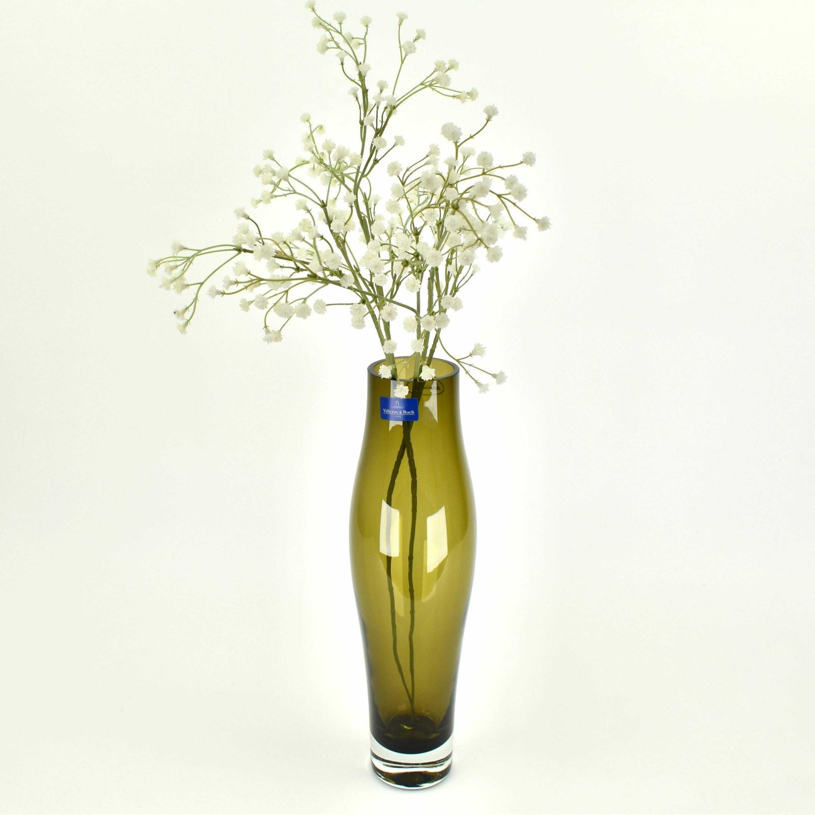photo furniture Villeroy & Boch Olijfgroene Glazen Vaas | Mid Century Modern Stijl Helder Voetstuk Duitsland Venini Murano Hedendaagse Decoratie Safari Holmegaard
