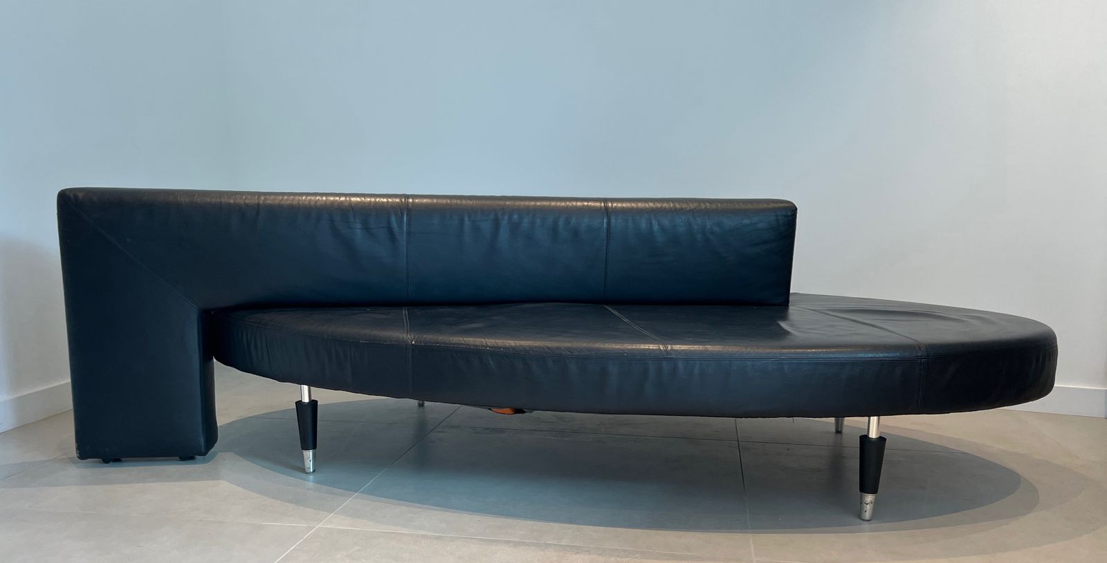 Rare Oval Design Sofa In Black Leather And Chrome Feet. French Work. Circa 1970 photo for sale