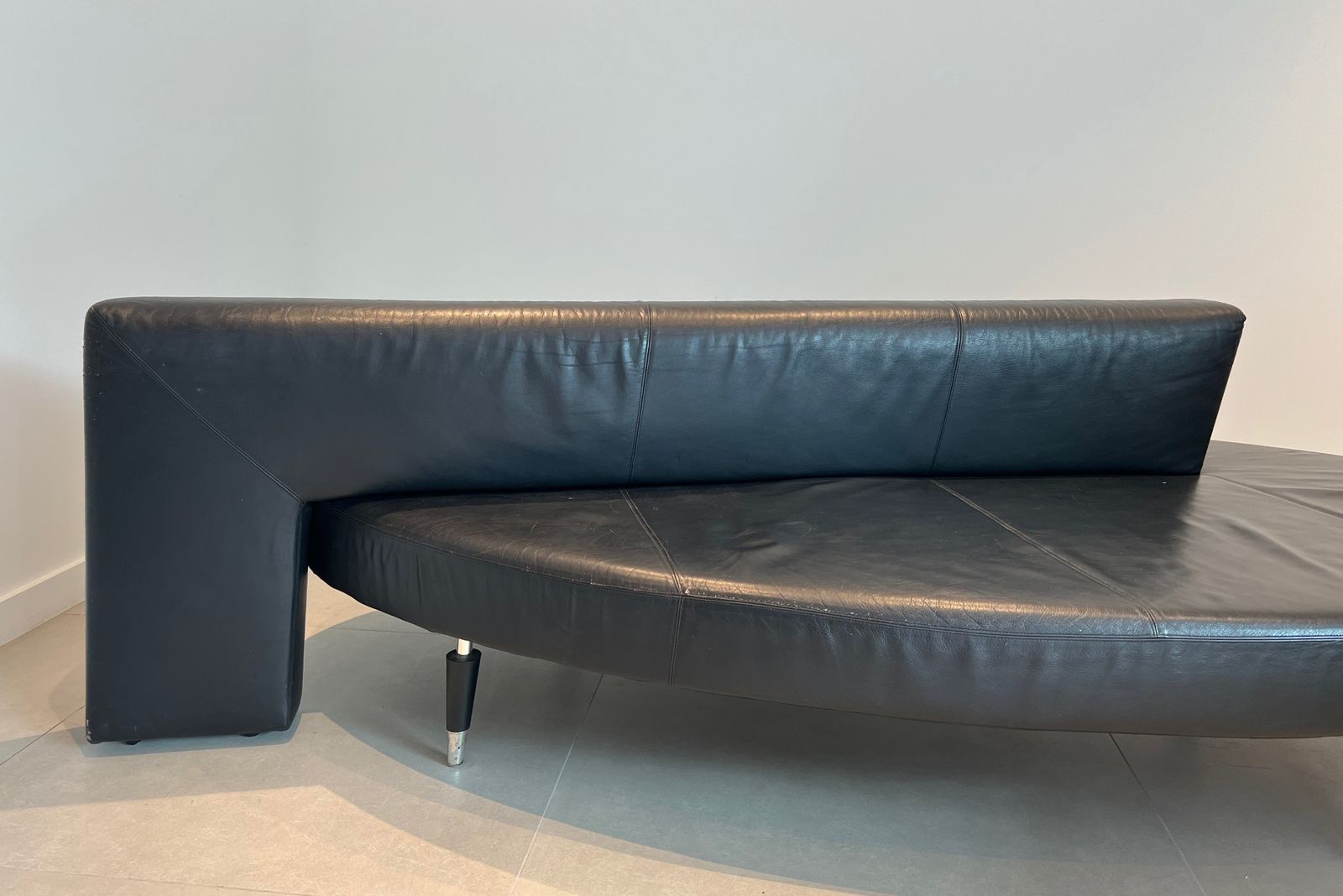 Rare Oval Design Sofa In Black Leather And Chrome Feet. French Work. Circa 1970 photo buy