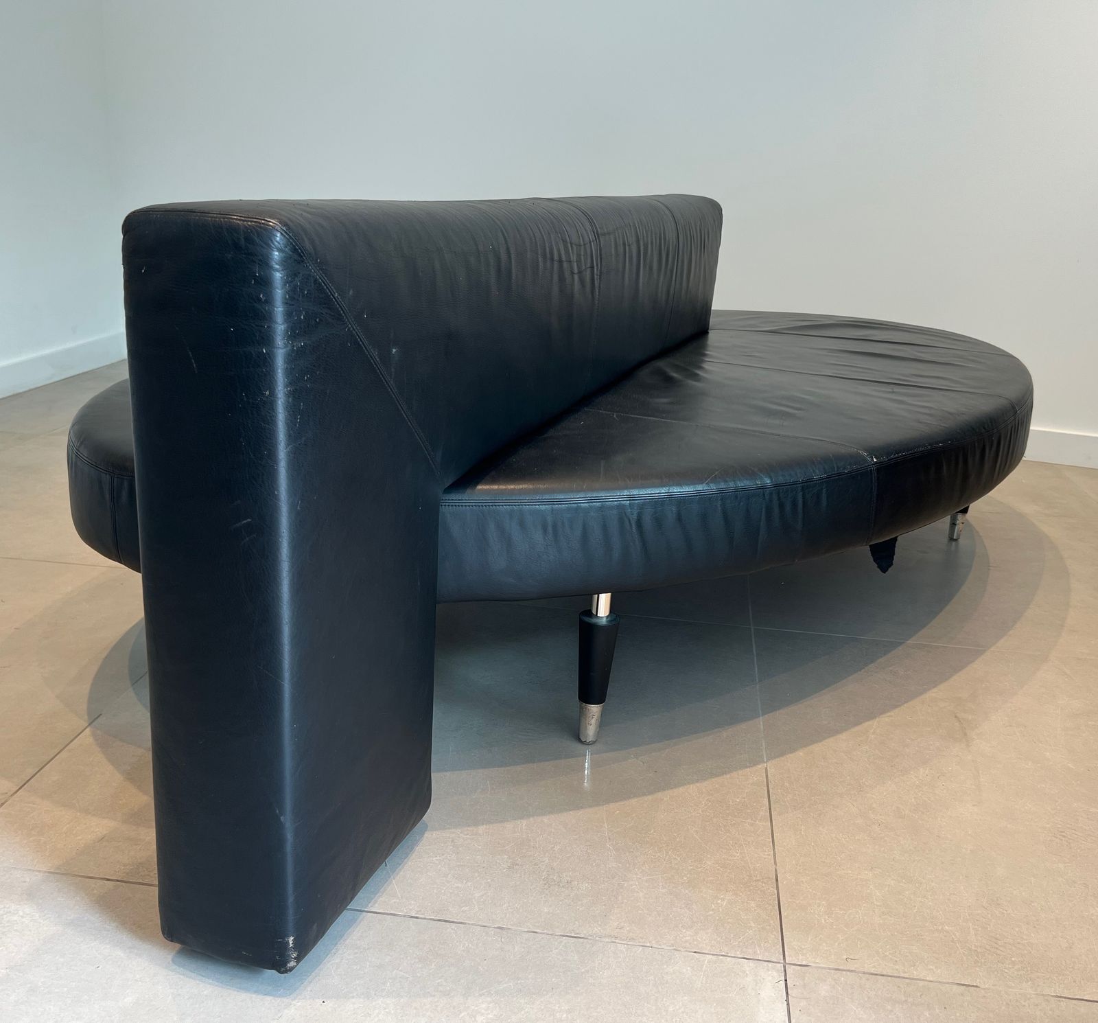 Rare Oval Design Sofa In Black Leather And Chrome Feet. French Work. Circa 1970 photo vintage