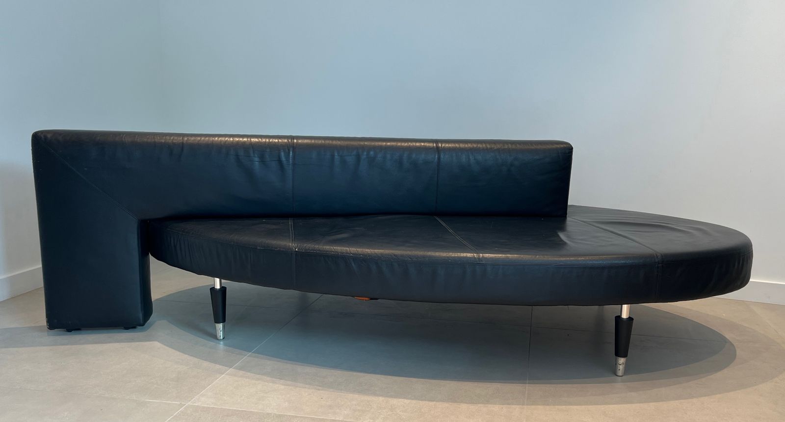 7800.0 Rare Oval Design Sofa In Black Leather And Chrome Feet. French Work. Circa 1970 photo