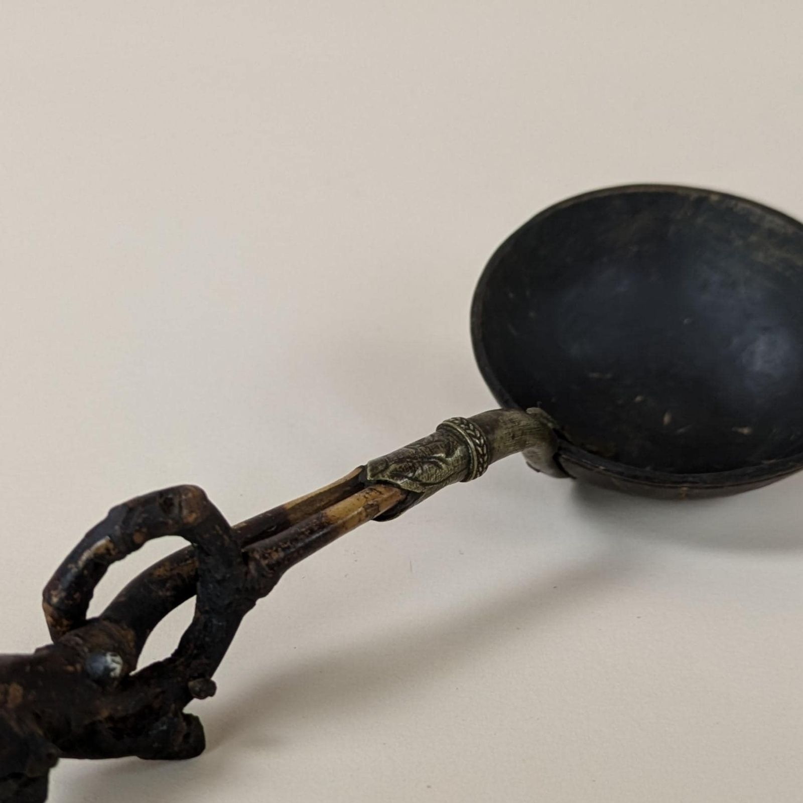 Antique Asian Ceremonial Opium Ladle Spoon Bamboo Brass & Coconut Shell From Laos Vietnam Indochina C1800 photo for sale