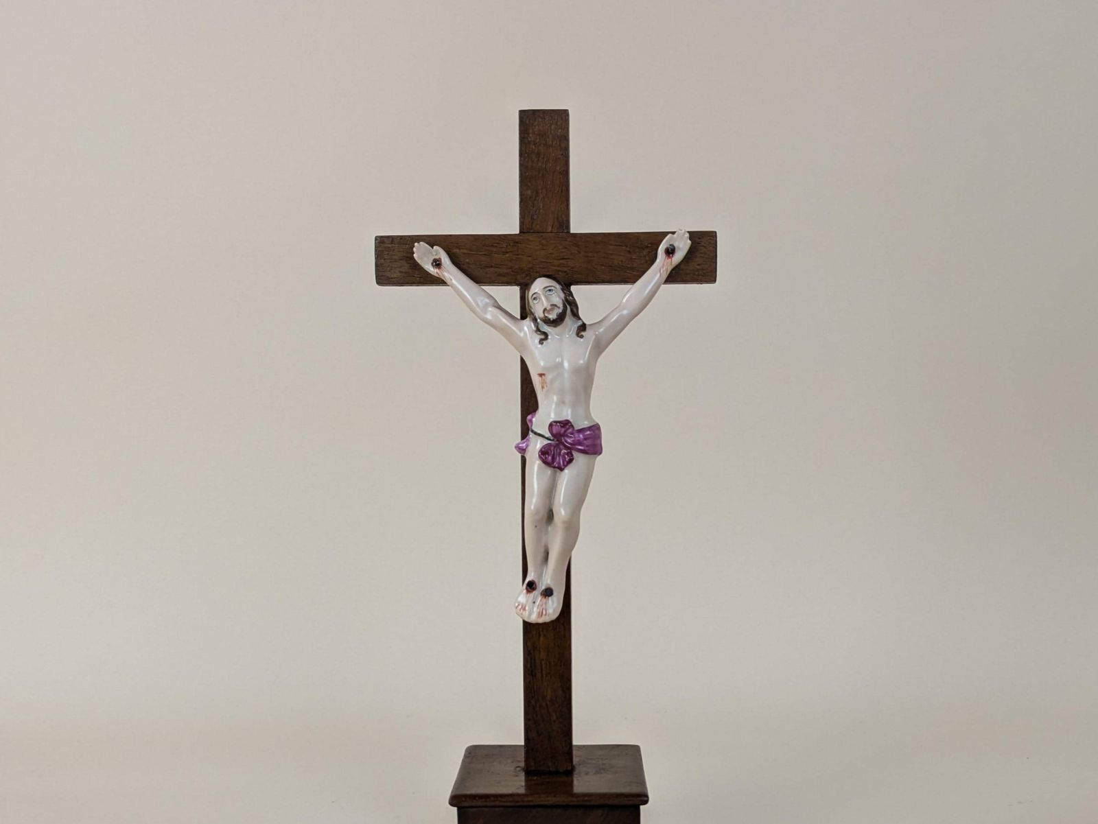 Antique French Crucifix Pottery & Wood Jesus Christian Holy Cross 19th Century Religious Decor Hand Painted Ceramic 1800s Crucifixion photo furniture