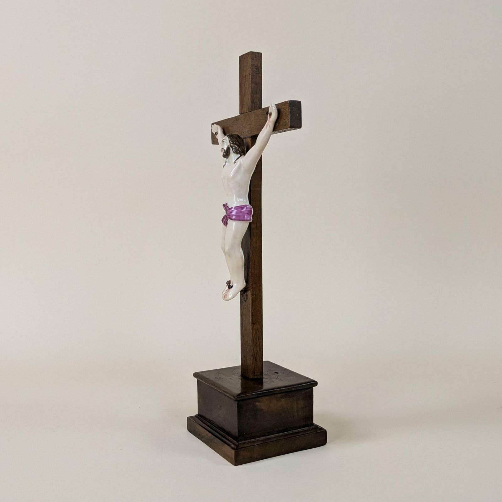 photo furniture Antique French Crucifix Pottery & Wood Jesus Christian Holy Cross 19th Century Religious Decor Hand Painted Ceramic 1800s Crucifixion