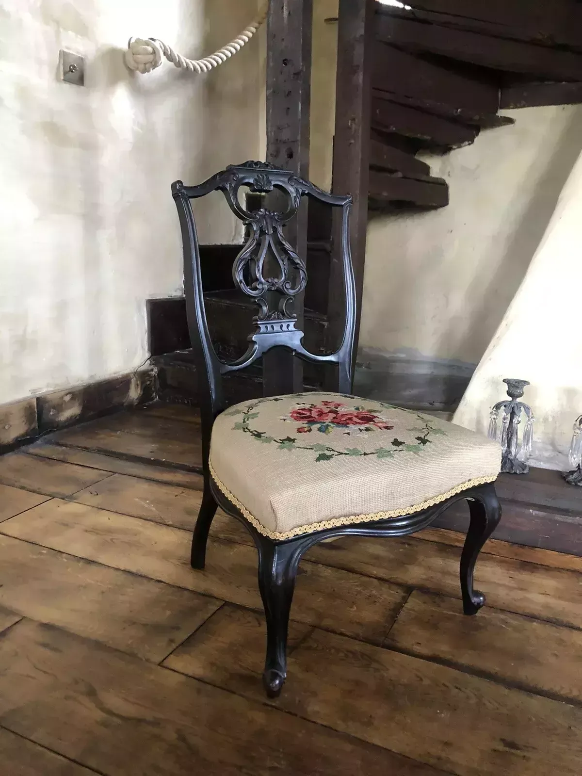 Antique Tapestry Upholstered Ornate Carved Ebonized Children’s Chair