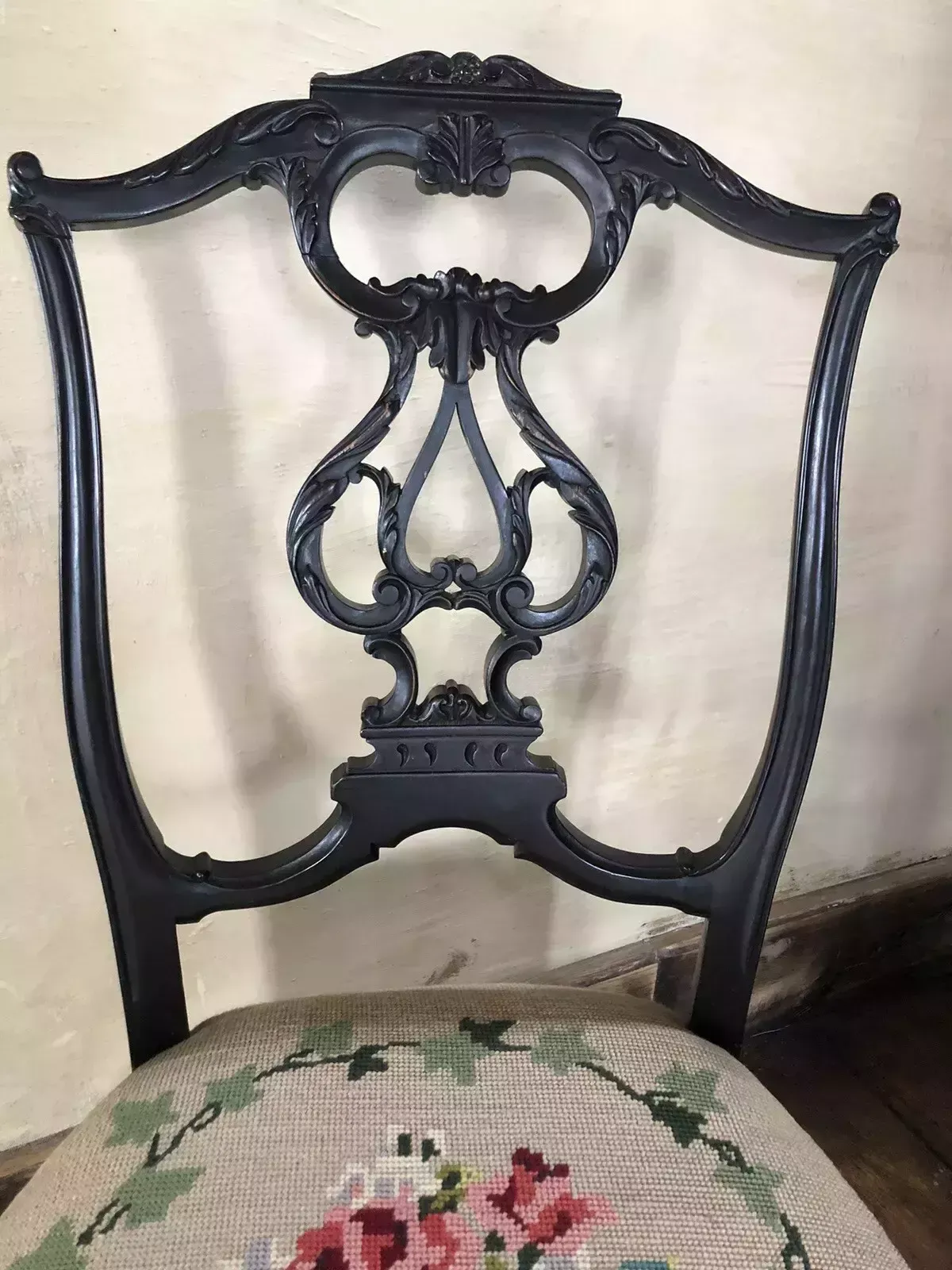 Antique Tapestry Upholstered Ornate Carved Ebonized Children’s Chair photo vinterior