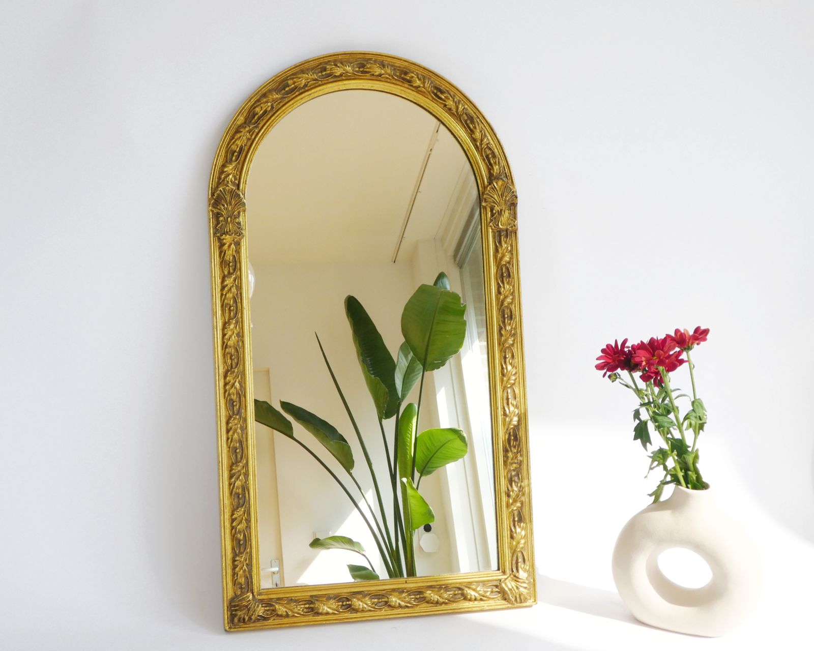 Wonderful Mid Century Asymmmetrical French Gold Mirror, Half Moon Wall Mirror With Gold Ornaments