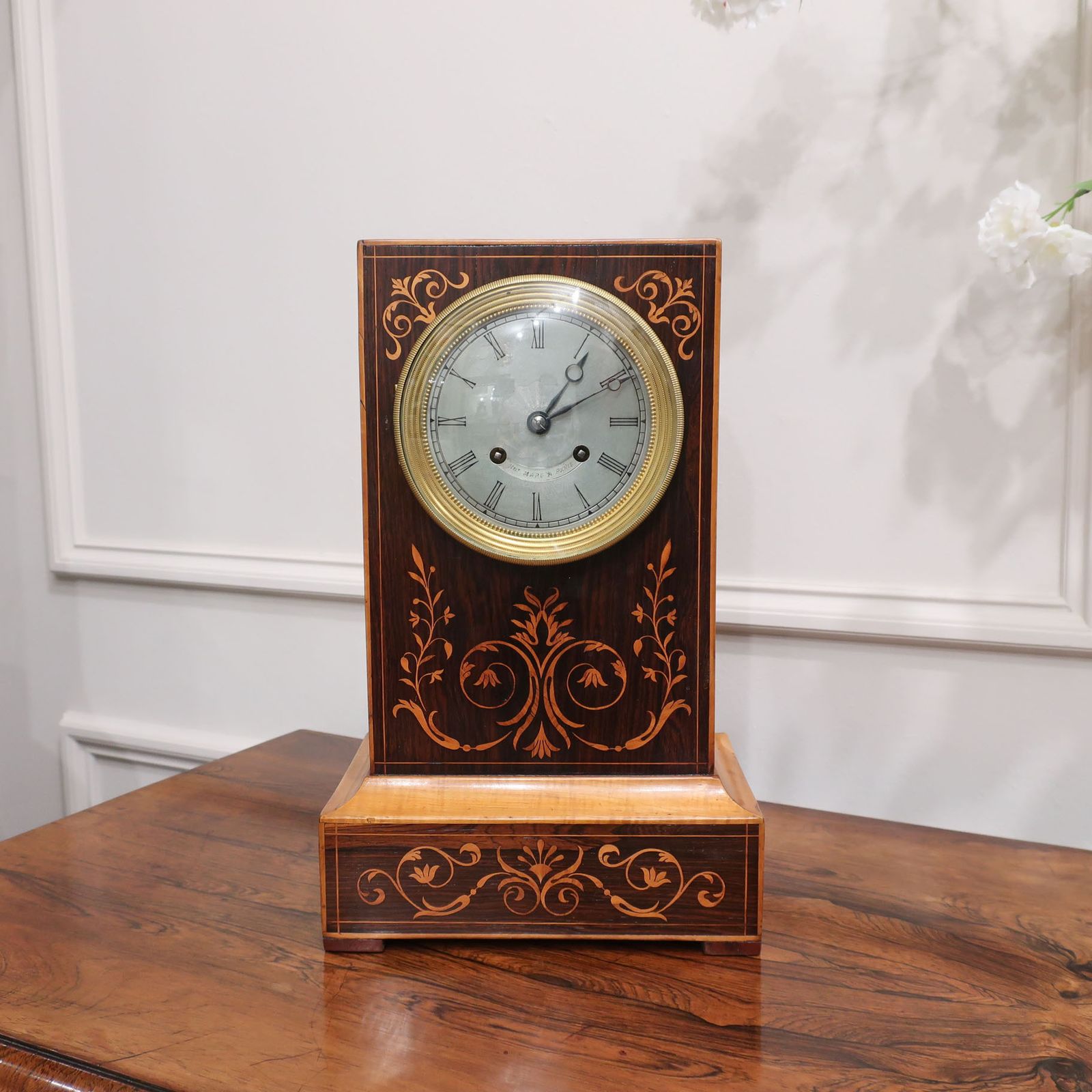 French Rosewood & Marquetry Mantel Clock