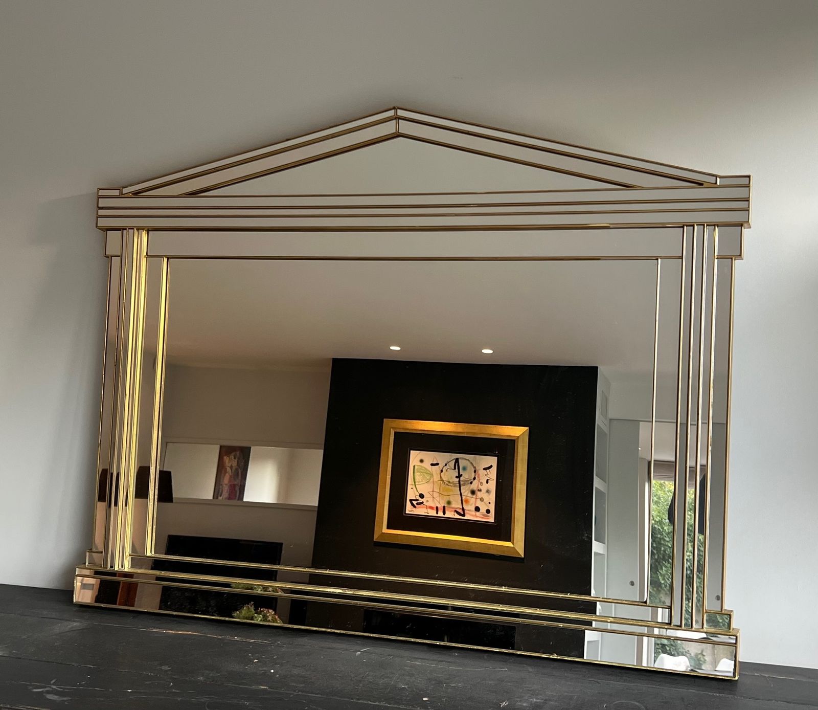Large Domus Mirror In Wood, Golden Plexiglass And Mirrors