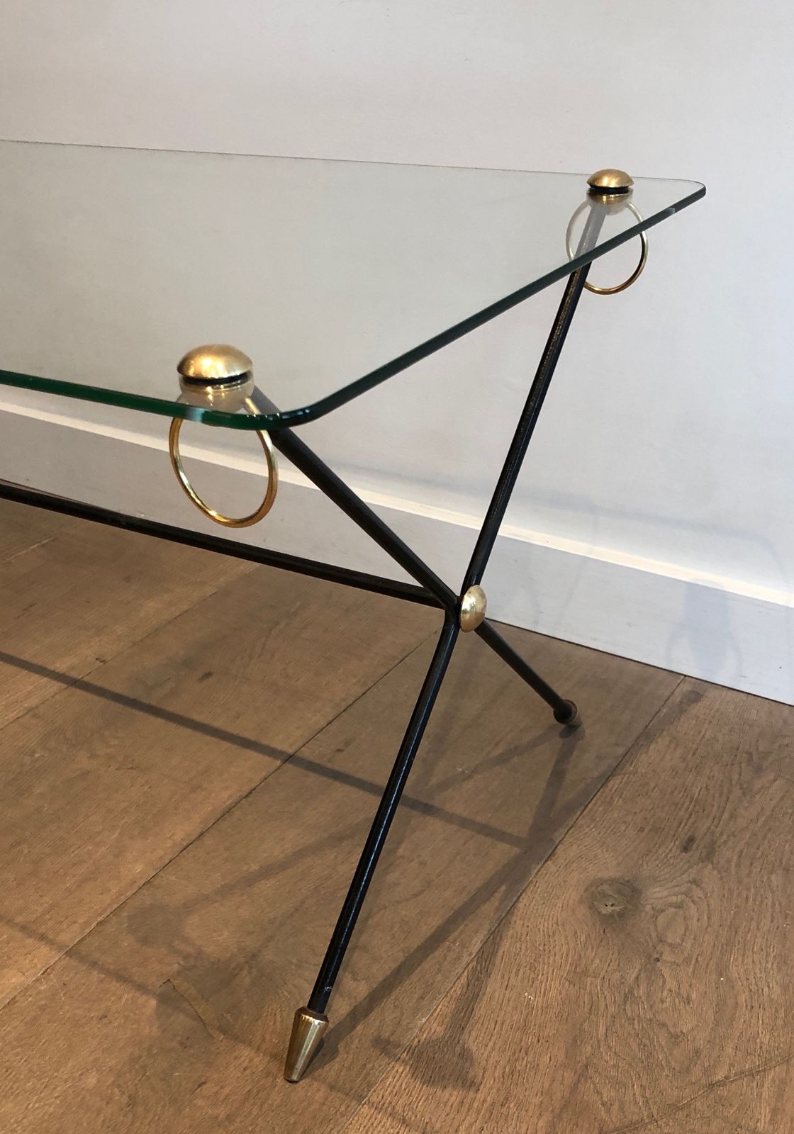 photo for sale Coffee Table In Lacquered Brass Metal And Glass Slab By Jacques Adnet