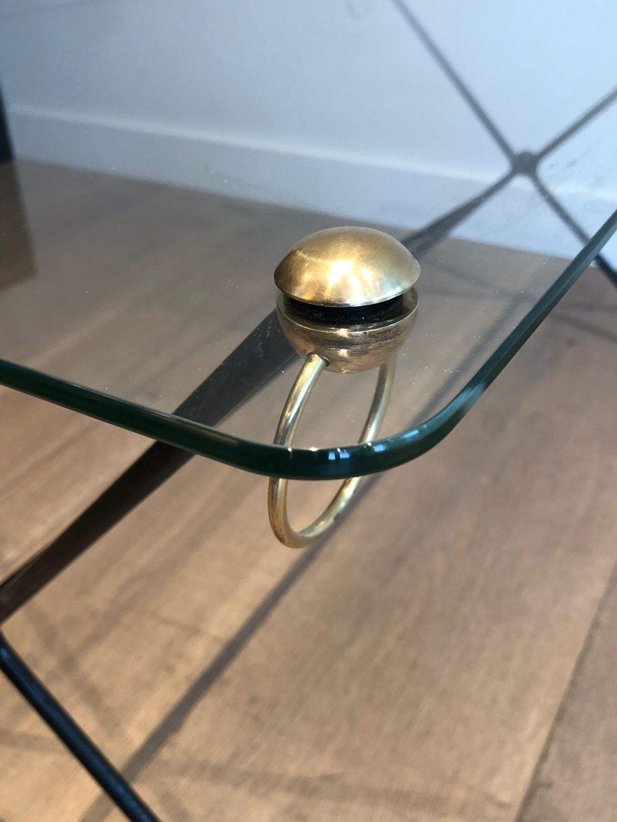 photo vintage Coffee Table In Lacquered Brass Metal And Glass Slab By Jacques Adnet
