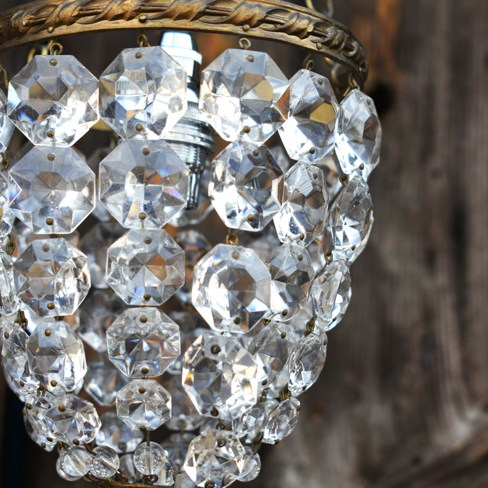 Antique Vintage Lead Crystal Lustre Droplet Basket Brass Ceiling Light Chandlier photo for sale