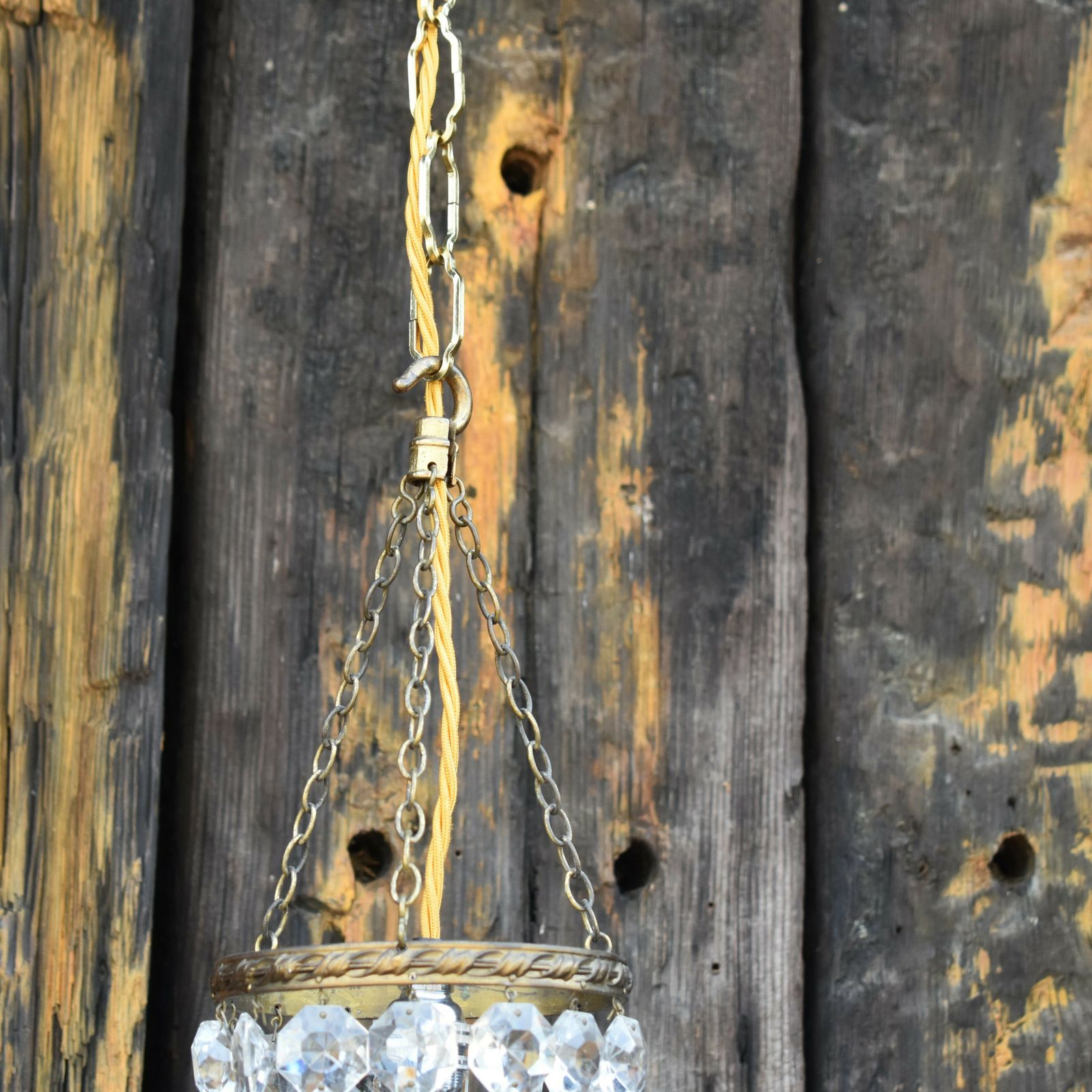 Antique Vintage Lead Crystal Lustre Droplet Basket Brass Ceiling Light Chandlier photo Lighting