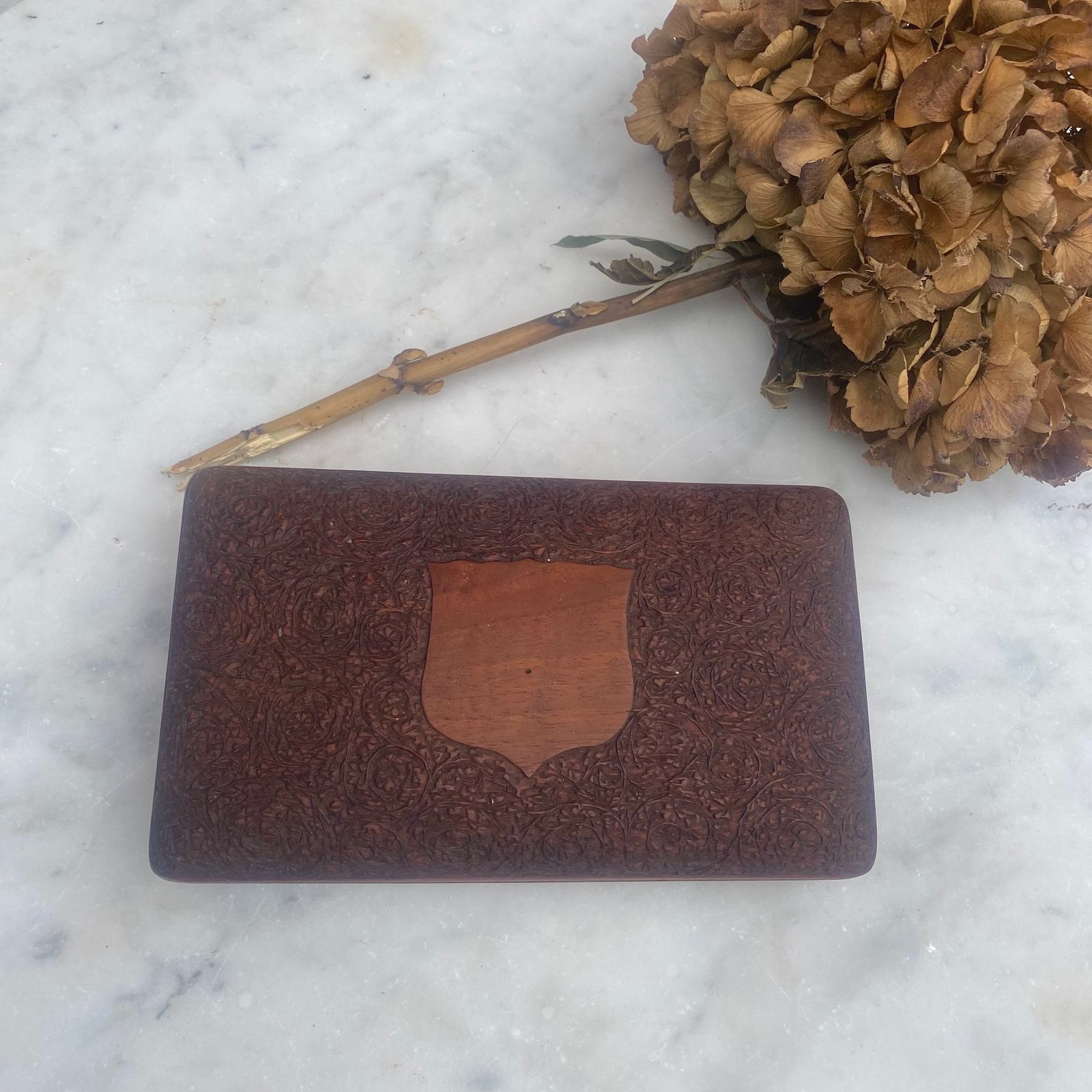 Antique 1920s Hand Carved Indian Rosewood Cigar Cigarette Case Pencil Pen Box photo vinterior