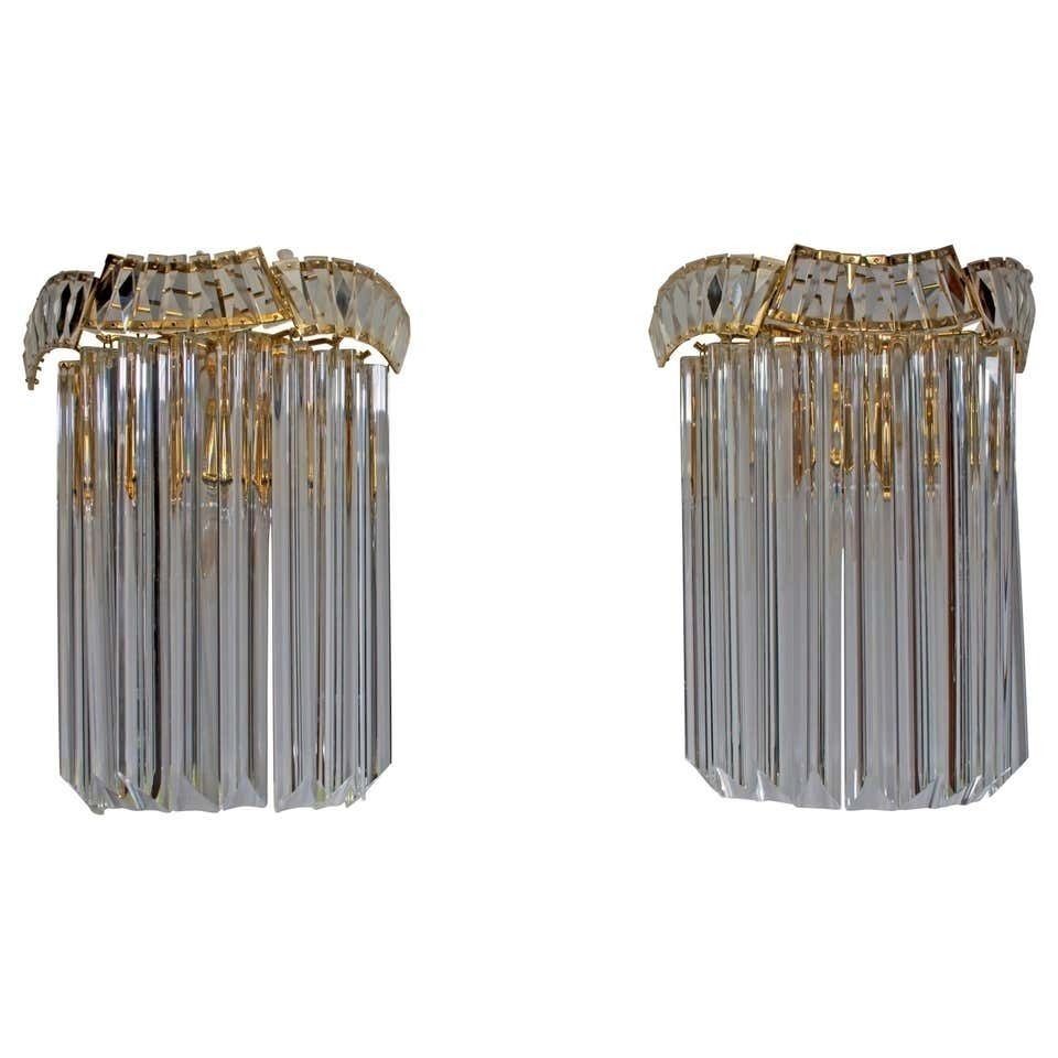 Pair Of Venini Midcentury Brass And Murano Glass "Triedri" Sconces, 1970s