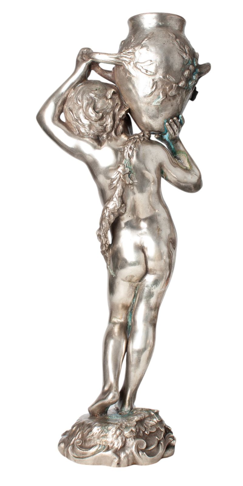 Late 19th Century Belle époque Metal Sculpture Of A Young Boy Lifting A Faced Amphora By Auguste Moreau, France photo for sale