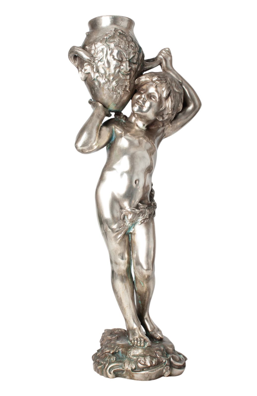 Late 19th Century Belle époque Metal Sculpture Of A Young Boy Lifting A Faced Amphora By Auguste Moreau, France