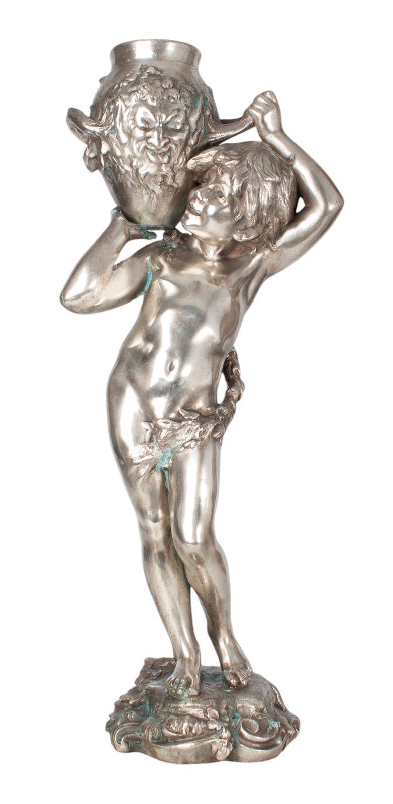 photo for sale Late 19th Century Belle époque Metal Sculpture Of A Young Boy Lifting A Faced Amphora By Auguste Moreau, France