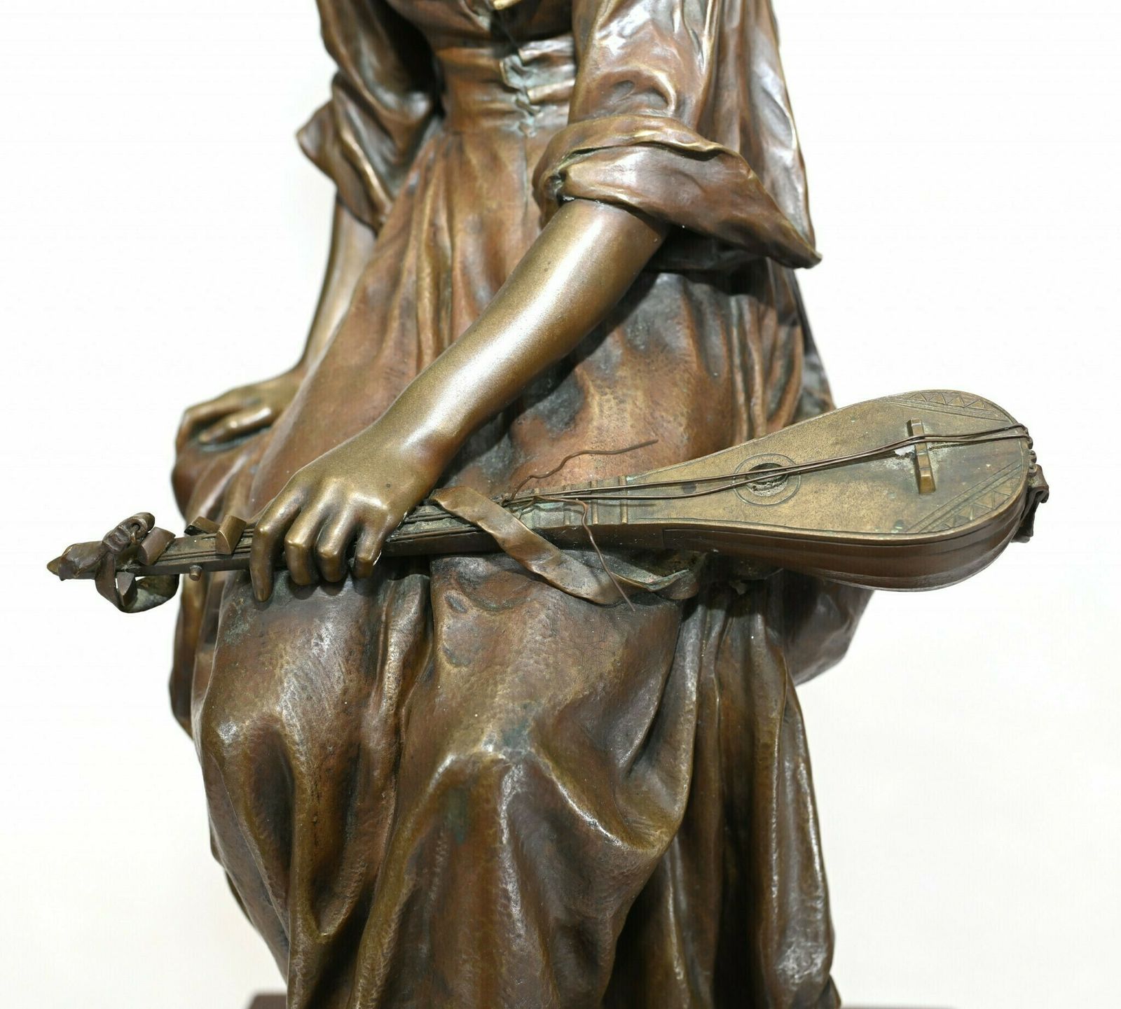 French Bronze Mandolin Player By Paul Mengin Art Nouveau Maiden Figurine 1890 photo Art