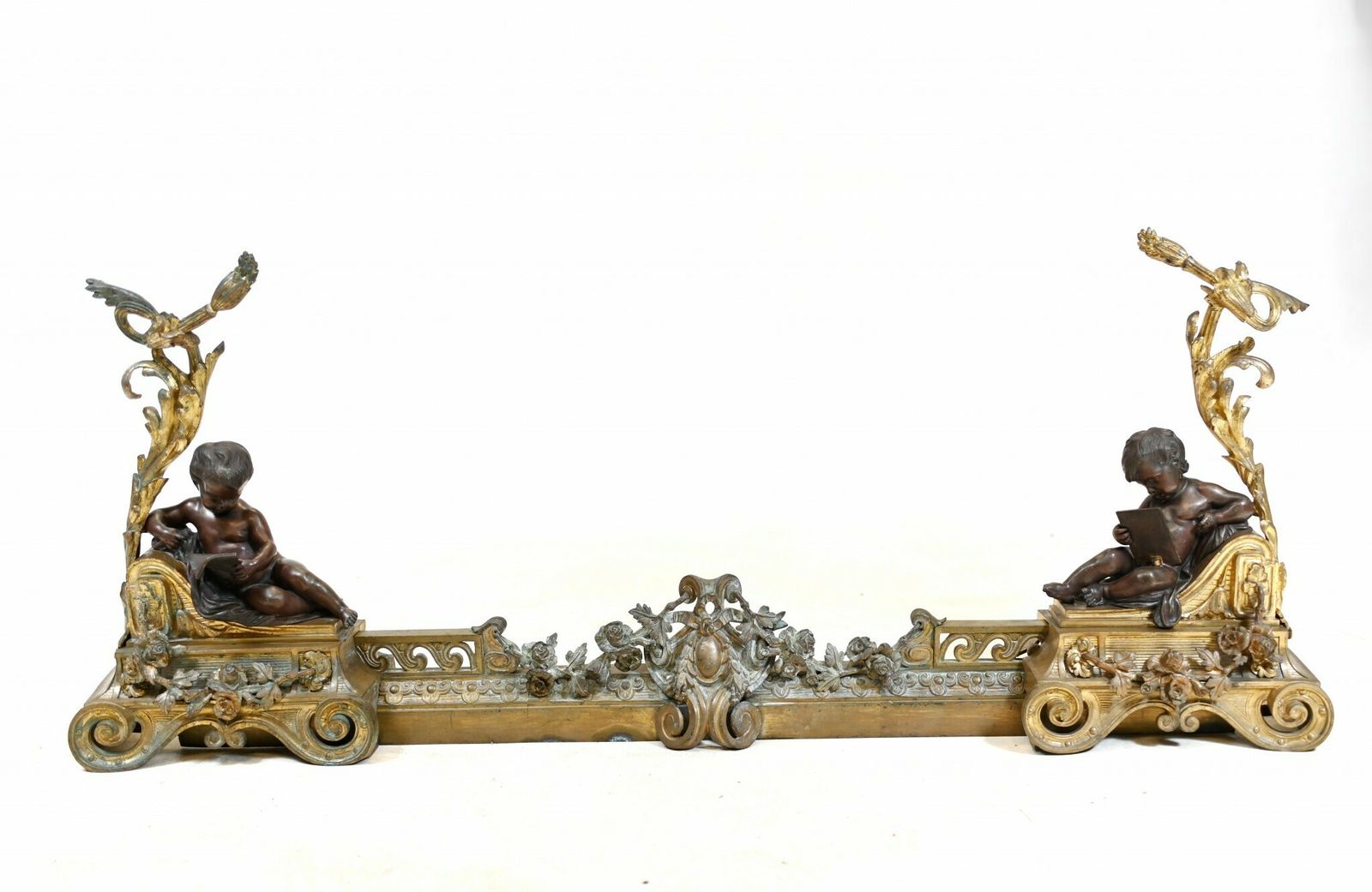 French Bronze Chenet Andiron Parcel Gilt Cherub Fire Grate