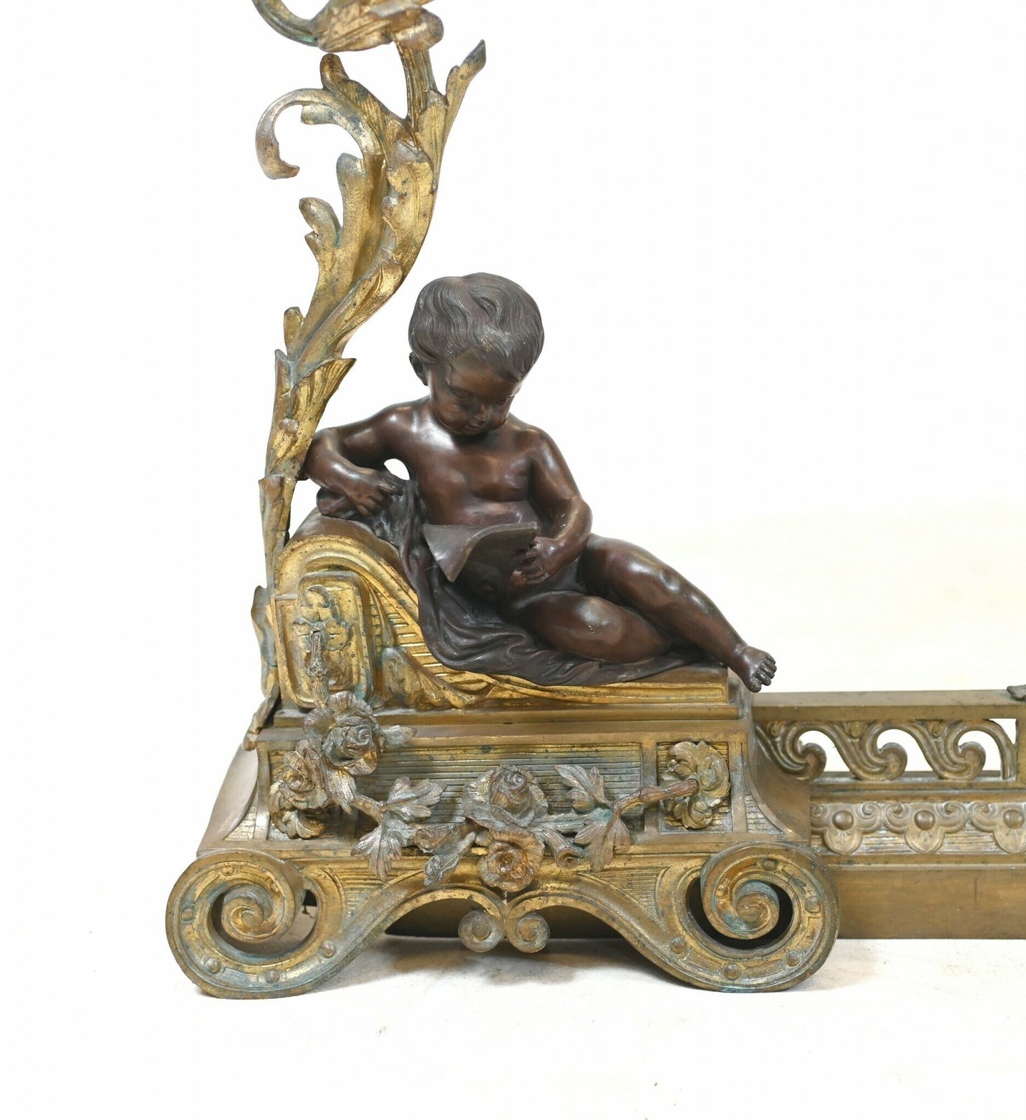 French Bronze Chenet Andiron Parcel Gilt Cherub Fire Grate photo furniture
