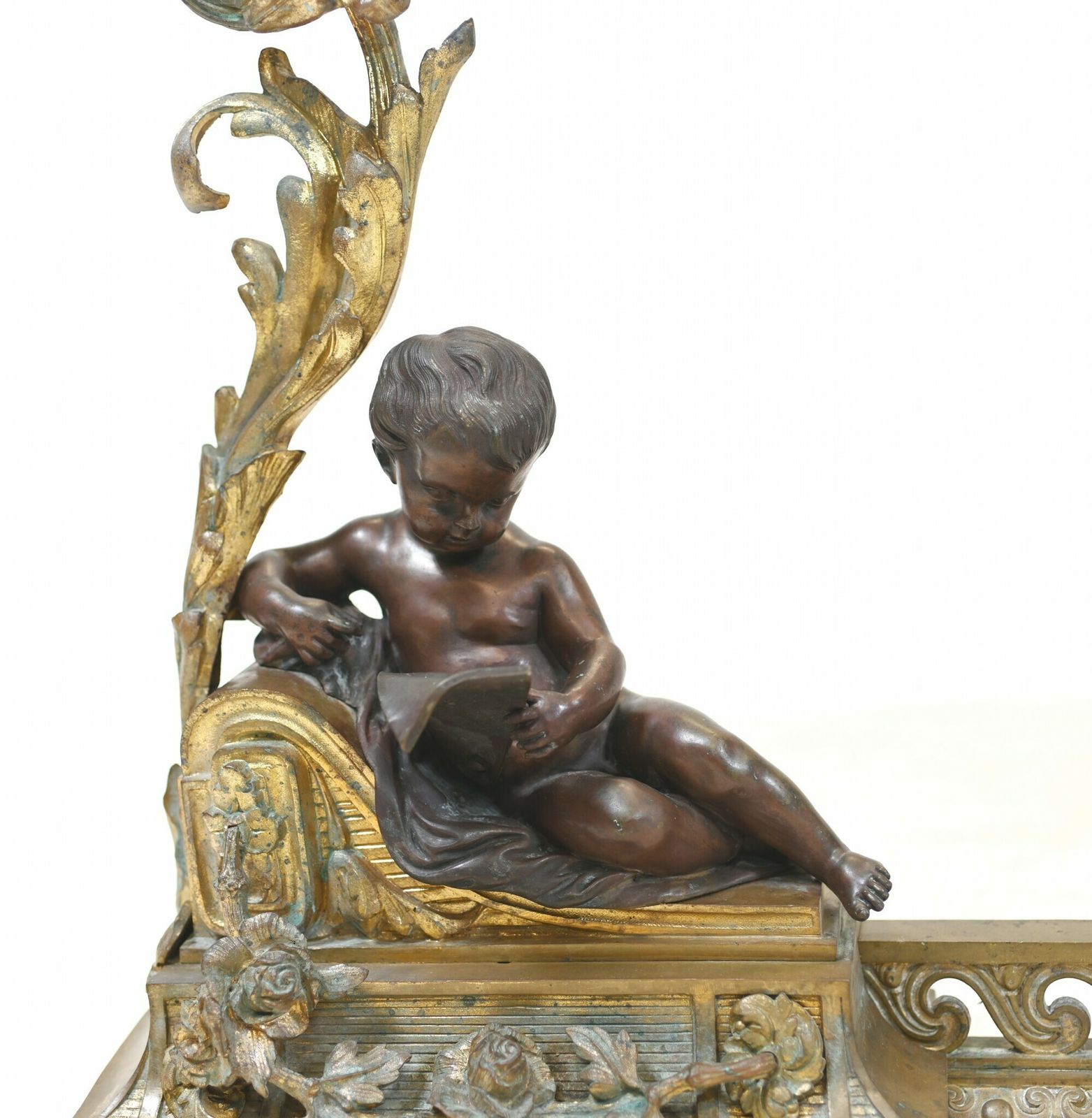French Bronze Chenet Andiron Parcel Gilt Cherub Fire Grate photo Home Fixtures