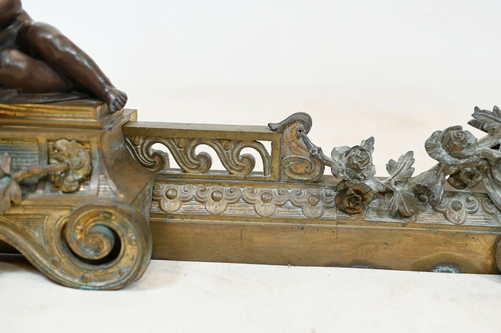French Bronze Chenet Andiron Parcel Gilt Cherub Fire Grate photo vintage