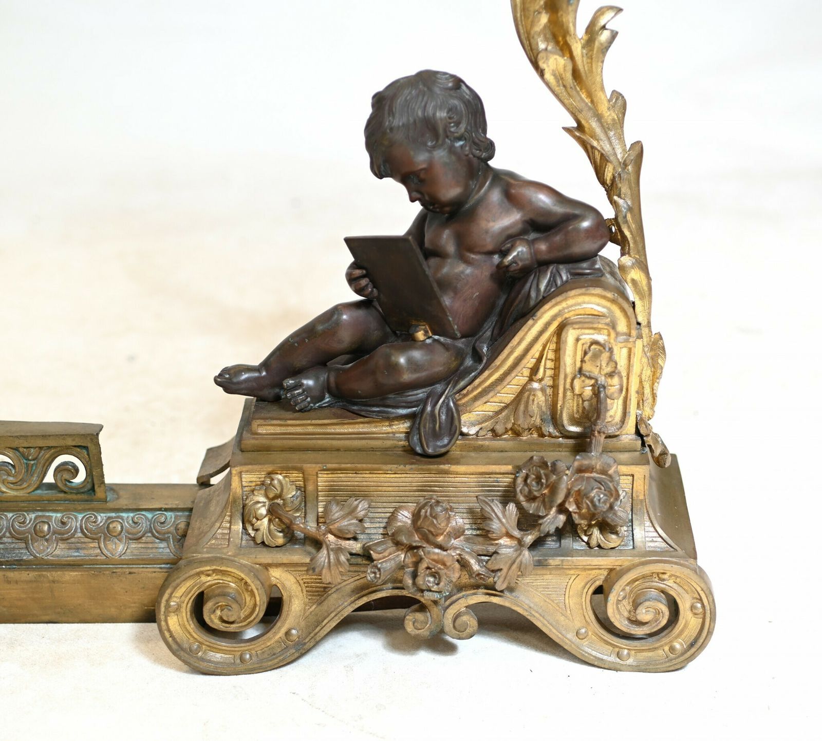 photo furniture French Bronze Chenet Andiron Parcel Gilt Cherub Fire Grate