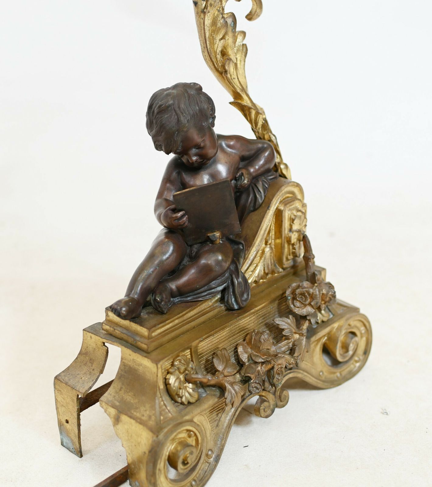 Home Fixtures French Bronze Chenet Andiron Parcel Gilt Cherub Fire Grate photo